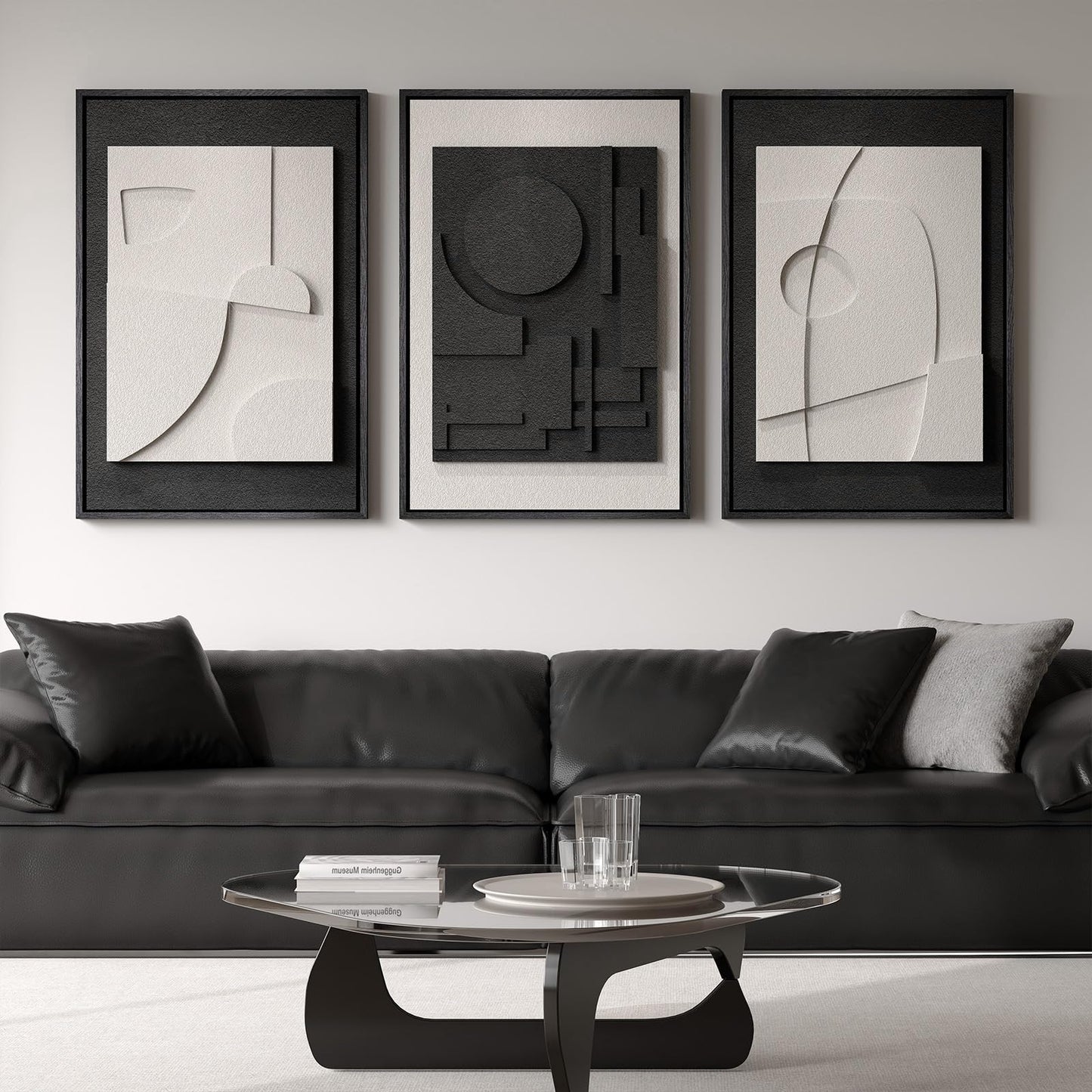 3D Textured Framed Abstract Wall Art, 3 Piece Modern Paintings Artwork for Walls, Black White Brown Geometric Sandstone Texture Pictures for Living Room Dining Room Bedroom Office Wall Decor 16x24 In