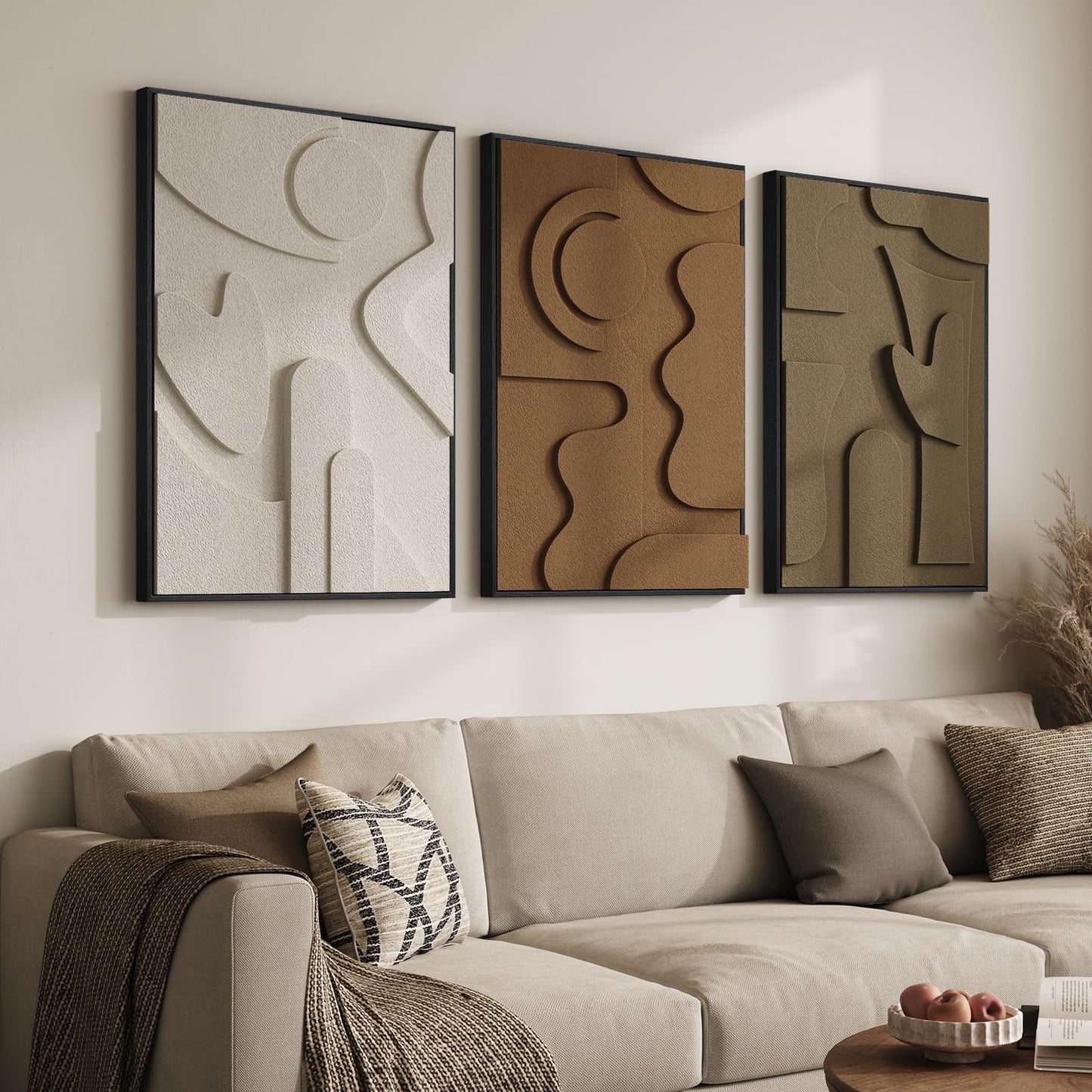 3D Textured Framed Abstract Wall Art, 3 Piece Modern Paintings Artwork for Walls, Black White Brown Geometric Sandstone Texture Pictures for Living Room Dining Room Bedroom Office Wall Decor 16x24 In
