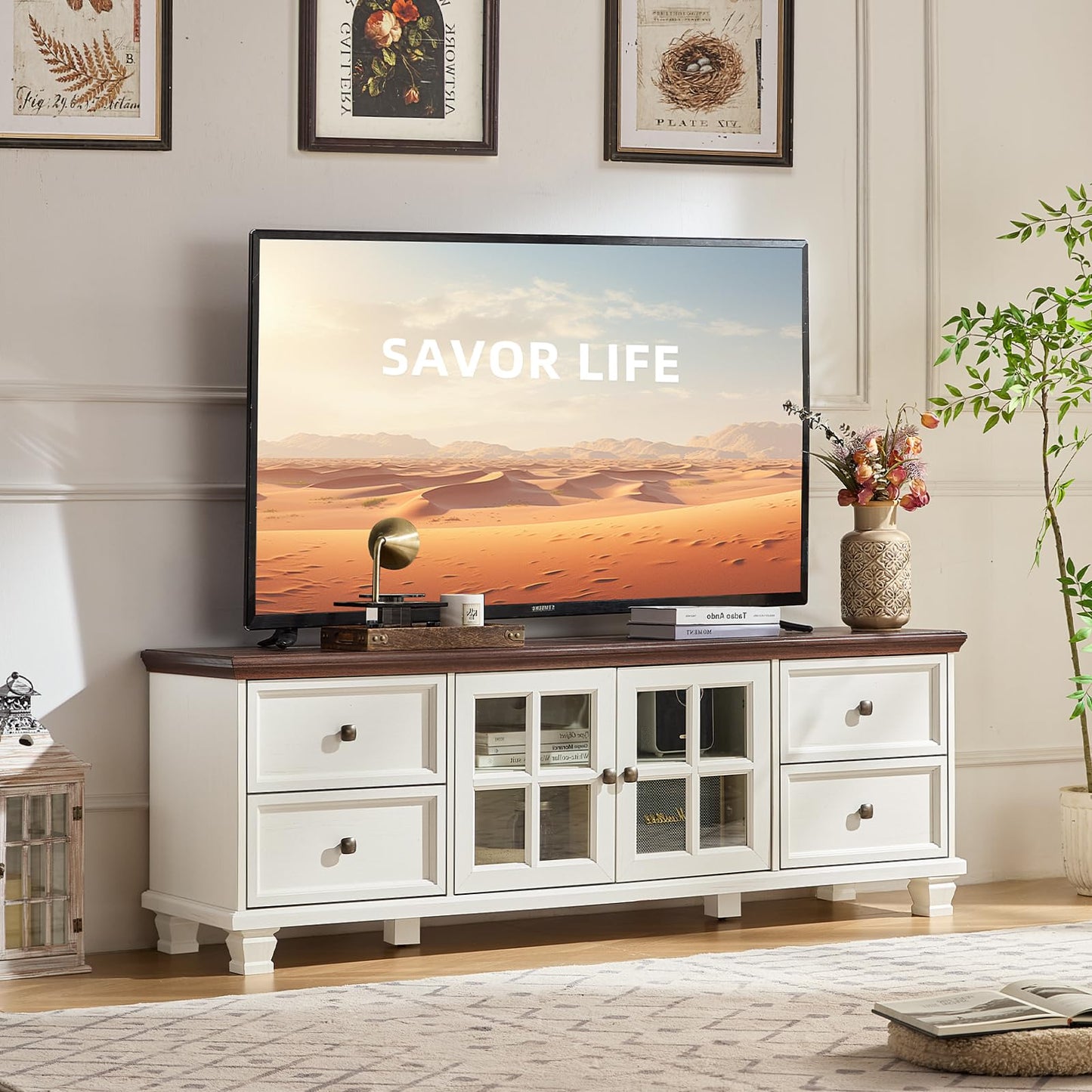 SAVOR LIFE Farmhouse TV Stands for Living Room, Brown Entertainment Center with Storage, Wood TV Console with 4 Drawers, Rustic TV Cabinet for 65 inch TV, Walnut