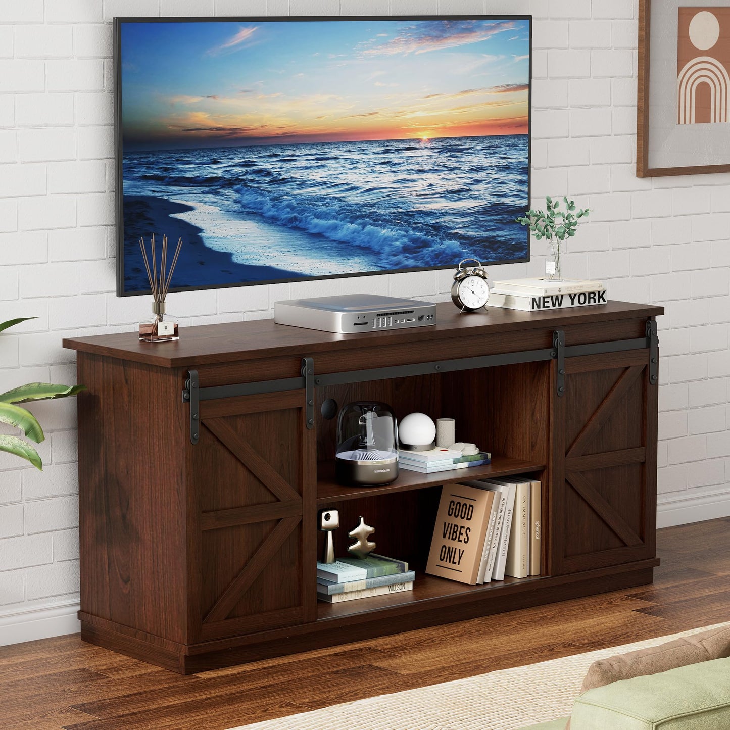 YESHOMY TV Stand for Televisions up to 65 Inches, with Sliding Barn Doors and Storage Cabinets, Console Table and Media Furniture for Living Room, 58 Inch, Barnwood