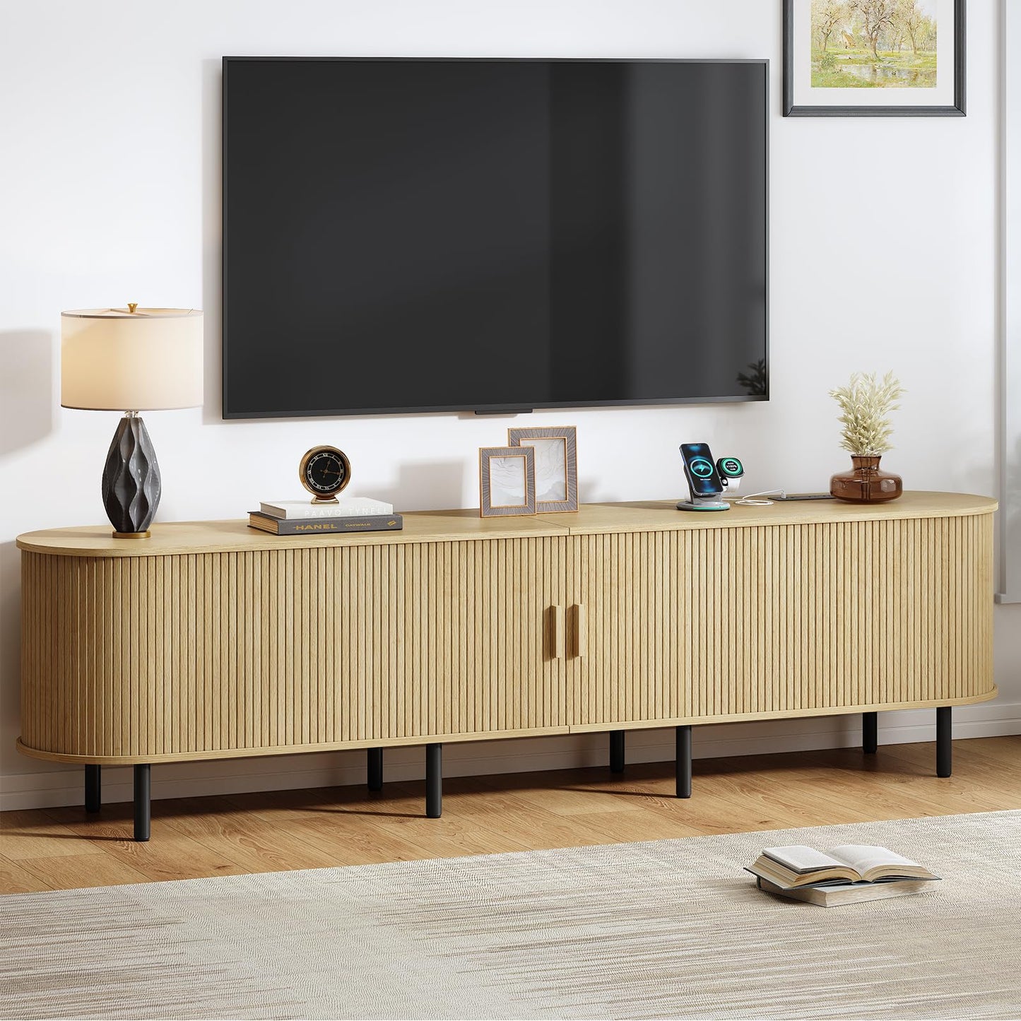 55" TV Stand with Power Outlet, Mid-Century Modern Television Stand, Fluted Media Console with Sliding Doors, Entertainment Center for TVs up to 60 Inch, Adjustable Shelves, Walnut