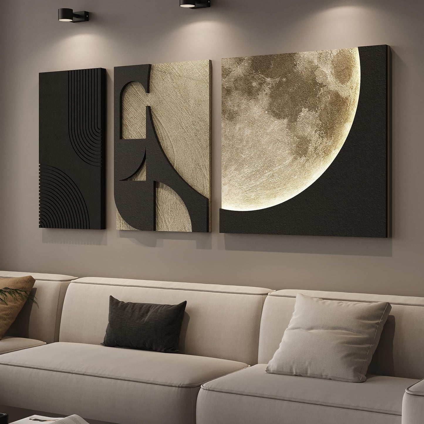 3D Textured Framed Abstract Wall Art, 3 Piece Modern Paintings Artwork for Walls, Black White Brown Geometric Sandstone Texture Pictures for Living Room Dining Room Bedroom Office Wall Decor 16x24 In