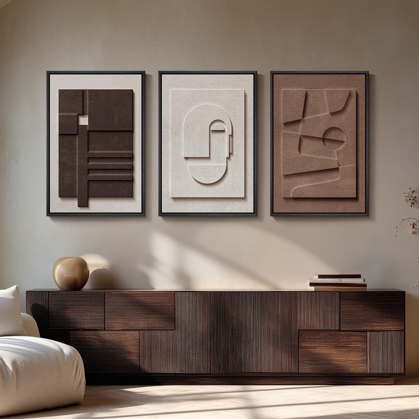 3D Textured Framed Abstract Wall Art, 3 Piece Modern Paintings Artwork for Walls, Black White Brown Geometric Sandstone Texture Pictures for Living Room Dining Room Bedroom Office Wall Decor 16x24 In