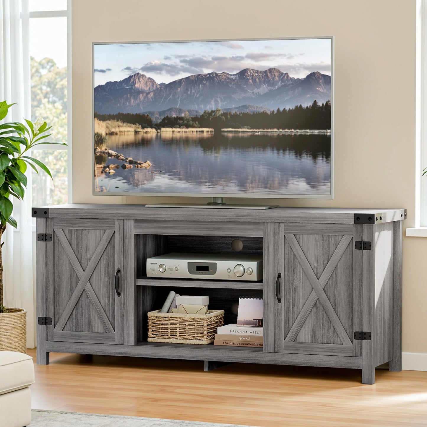 YESHOMY Modern Farmhouse TV Stand with Two Barn Doors and Storage Cabinets for Televisions up to 65+ Inch,Entertainment Center Console Table,Media Furniture for Living Room,58 Inch, Walnut,YH-TS103DWA
