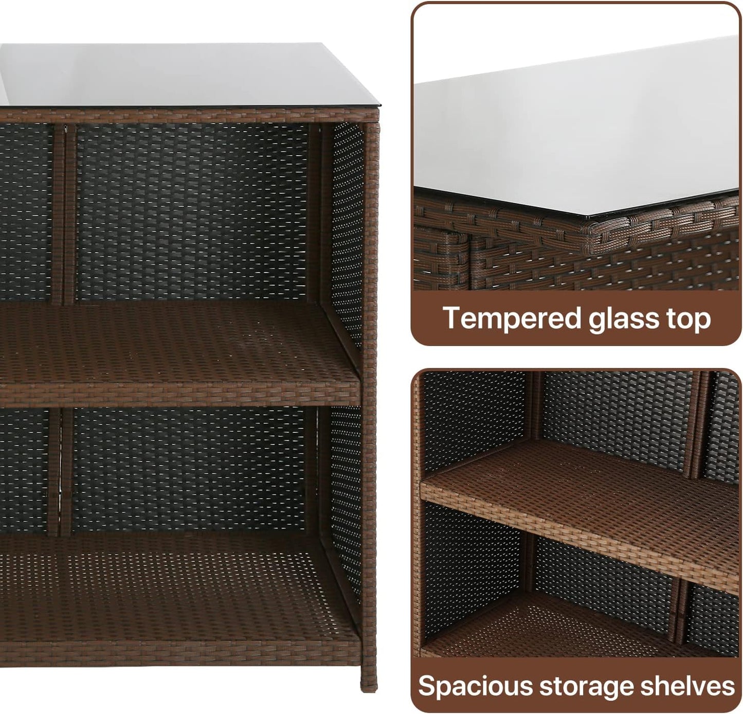 3-Piece Patio Bar Set Outdoor Wicker Bar Set All-Weather Rattan Bar Table Set Outdoor Furniture Set w/2 Stools, Glass Top Table and 2 Thick Cushion for Patios Backyards Porches Gardens Poolside, Khaki