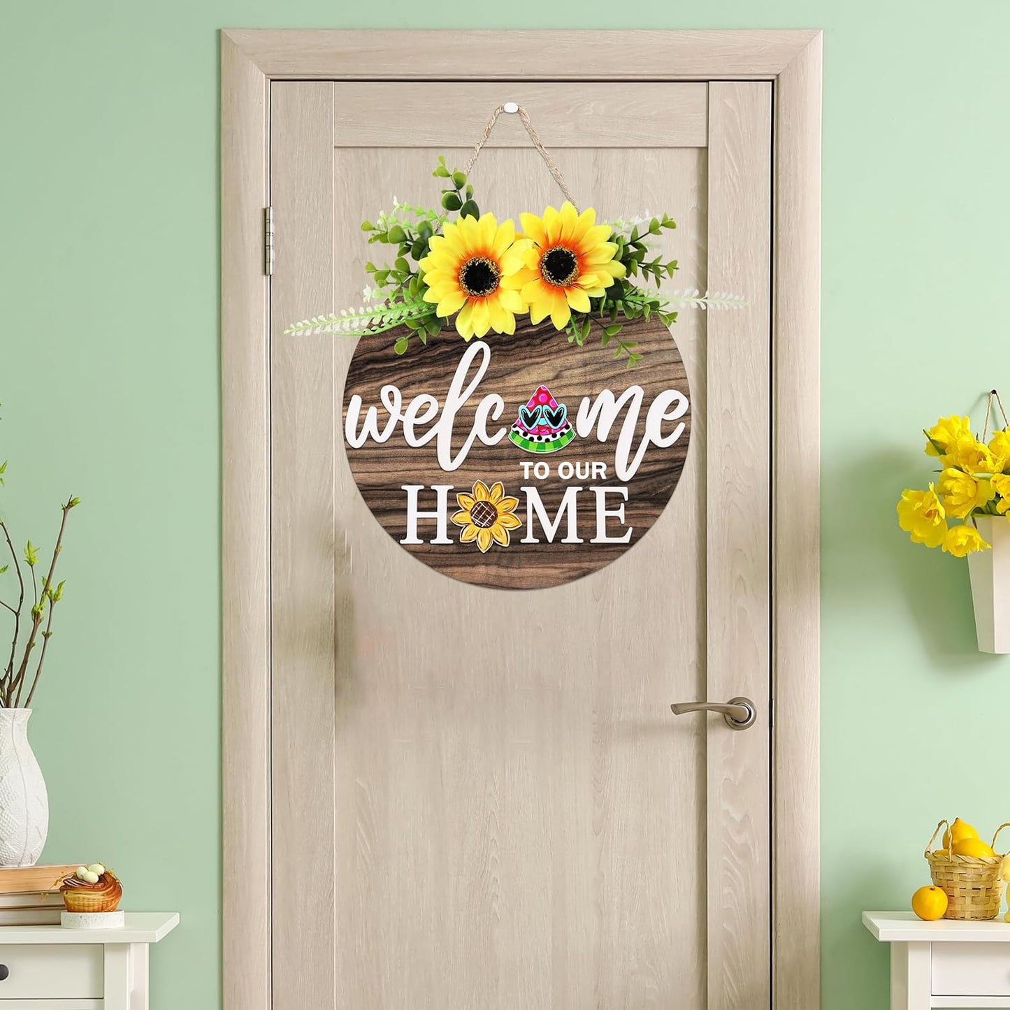 Interchangeable Welcome Sign for Front Door with 4 Seasonal Wreaths 21 Changeable Icons, Farmhouse Rustic Outdoor Welcome Signs Porch, Spring Winter Fall Decorations for Home House Warming Gifts