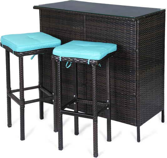 3 Piece Patio Bar Set,Patio Wicker Bar Furniture with 2 Storage Shelves, Glass Top Table, Cushions and Two Stools,Outside Bars for Patio Entertainment, Blue
