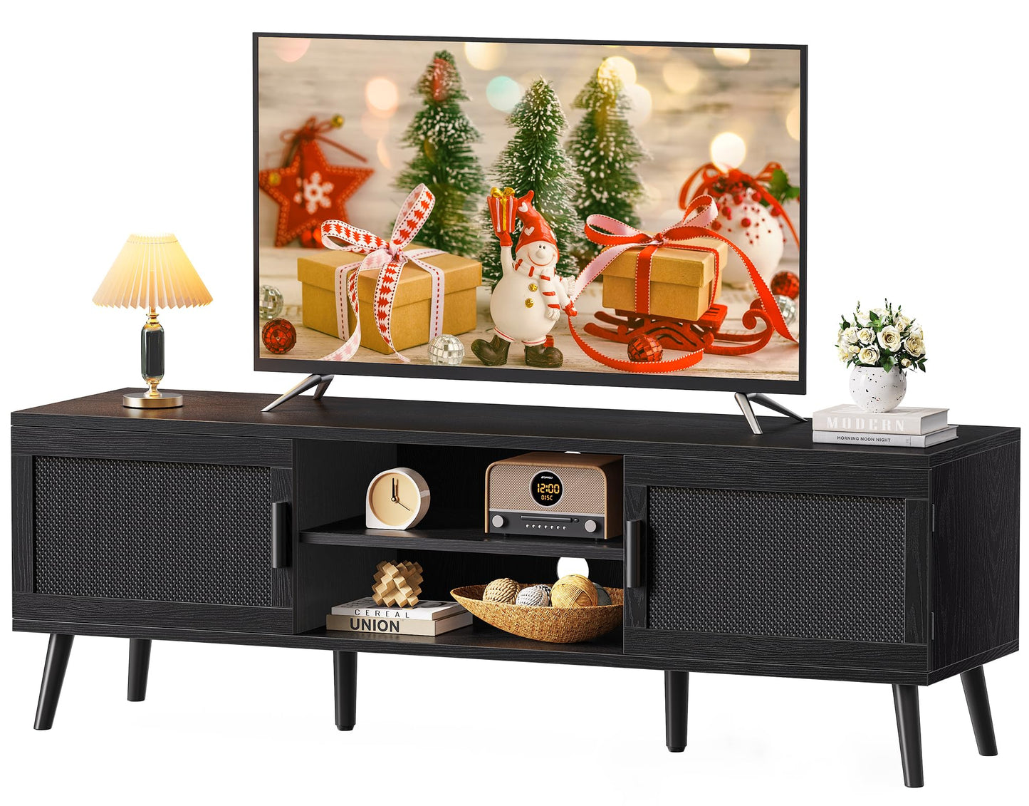 SUPERJARE Boho TV Stand for 65 Inch TV, Entertainment Center with Adjustable Shelf, Rattan TV Console with 2 Cabinets, Media Console, Solid Wood Feet, 4 Cord Holes, for Living Room - Natural