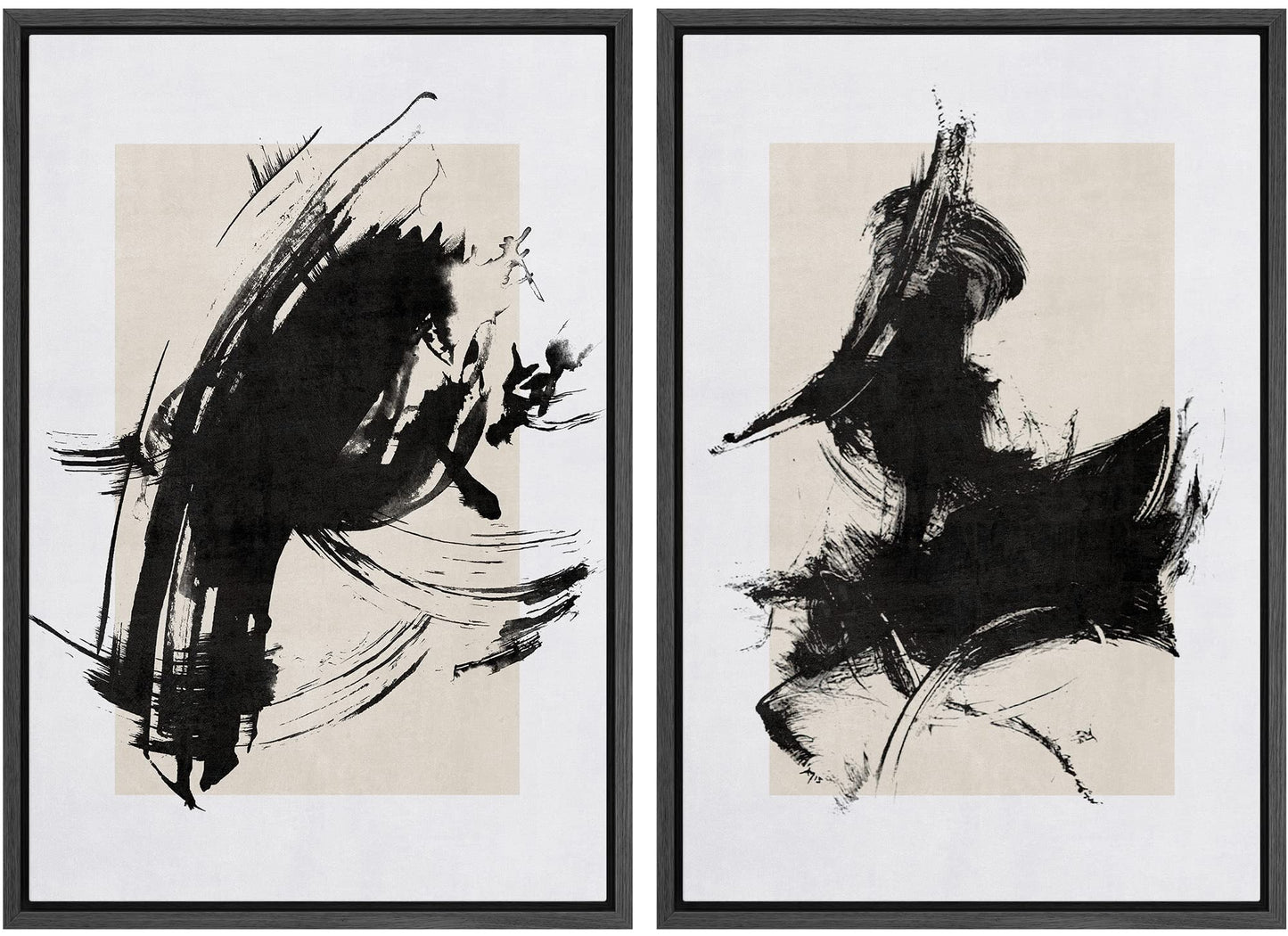 SIGNWIN Framed Canvas Print Wall Art Set Geometric Mid-Century Spiral Collage Abstract Shapes Cozy Neutral Minimal Decorative Nordic Zen Bohemian for Living Room, Bedroom, Office - 16"x24"x2 Black