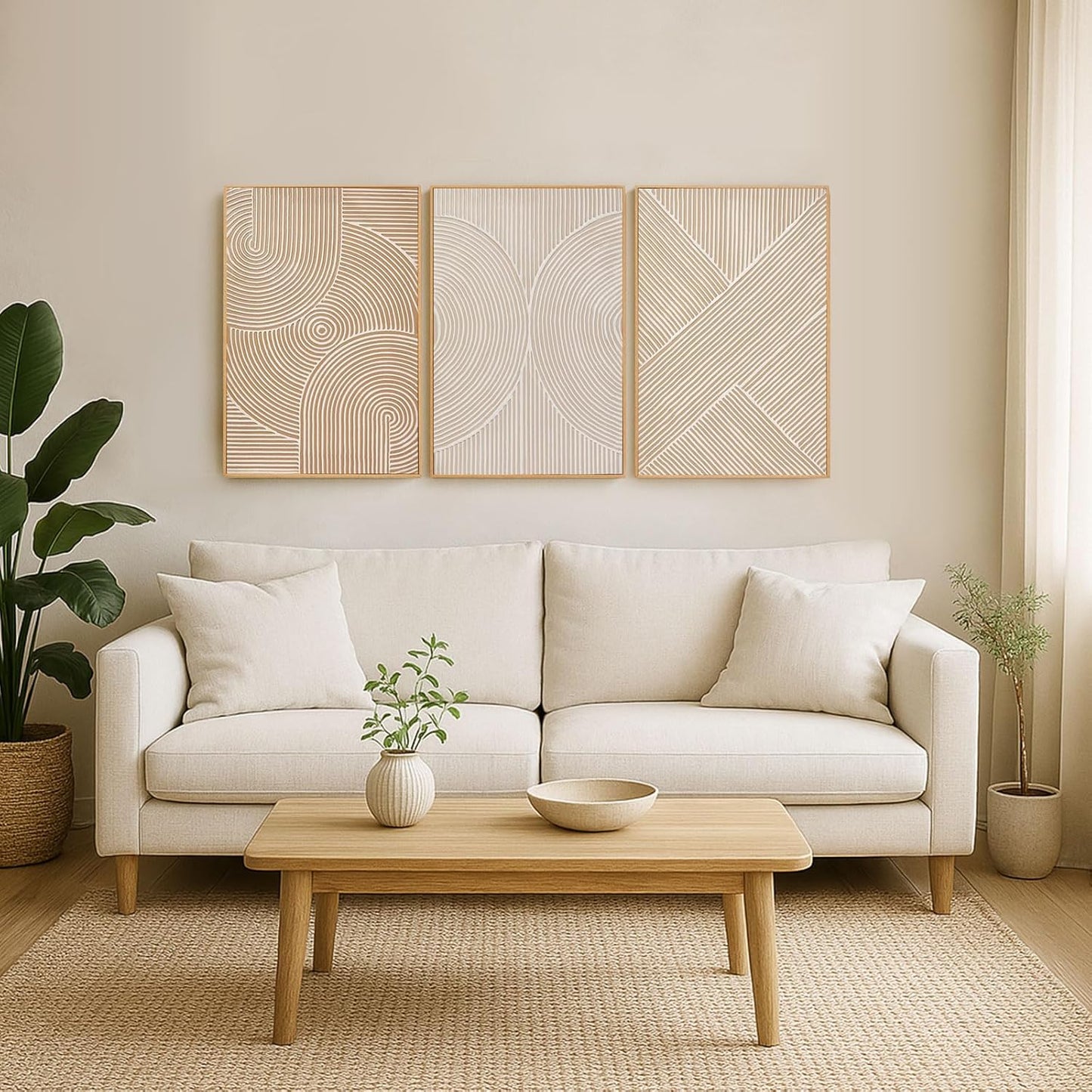 Zessonic Neutral Minimalist Textured 3D Wall Art Abstract Hand-Painted Framed Wall Decor Geometric Artwork Canvas Paintings- Living Room Bedroom Office - Modern Boho Neutral Line 16"x24" 3 piece