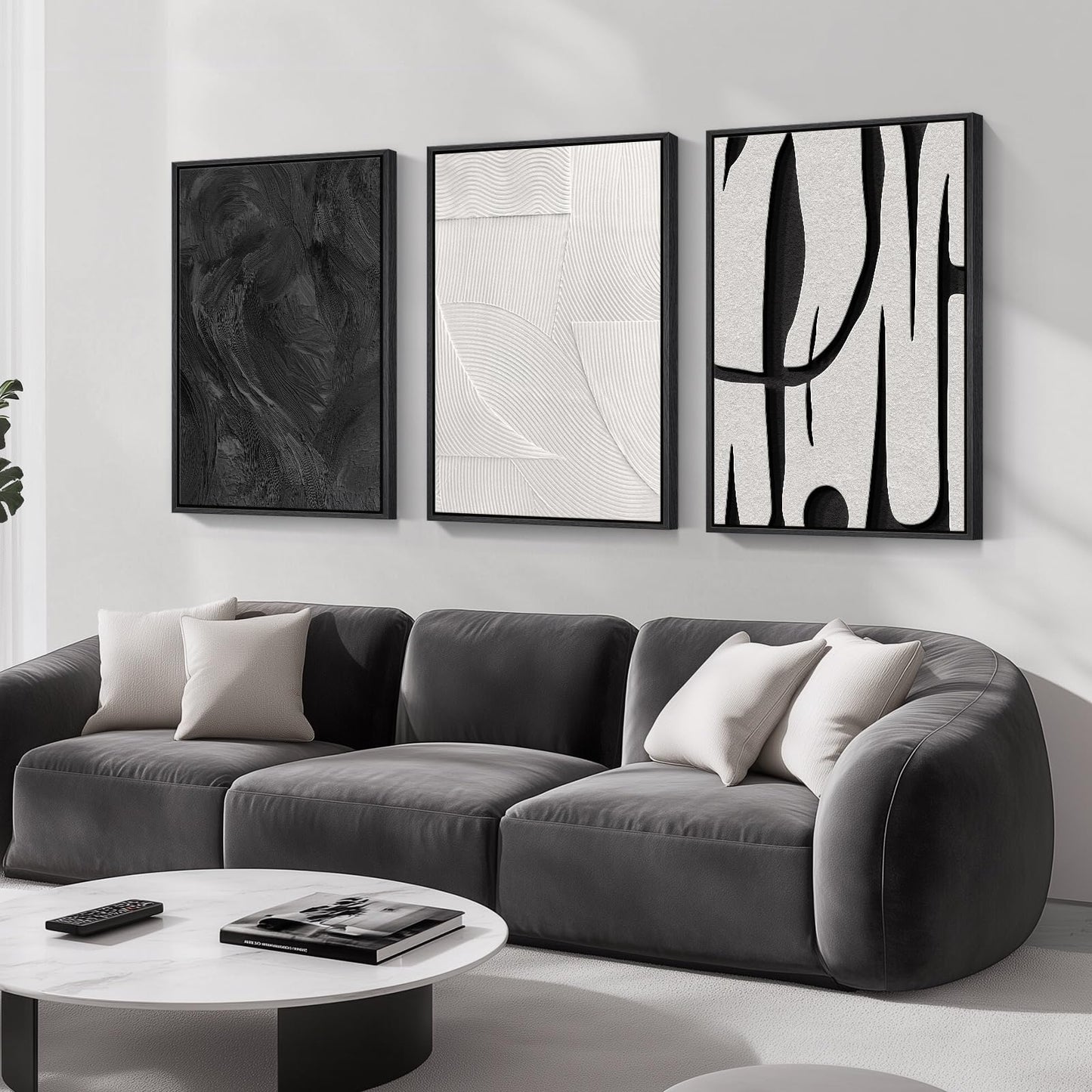 Large Framed Boho Modern Neutral Abstract Wall Art for Living Room, 3 Piece Black and White Canvas Prints Paintings Artwork for Walls, Geometric Pictures for Office Bedroom Dining Room Decor, 24x36 In
