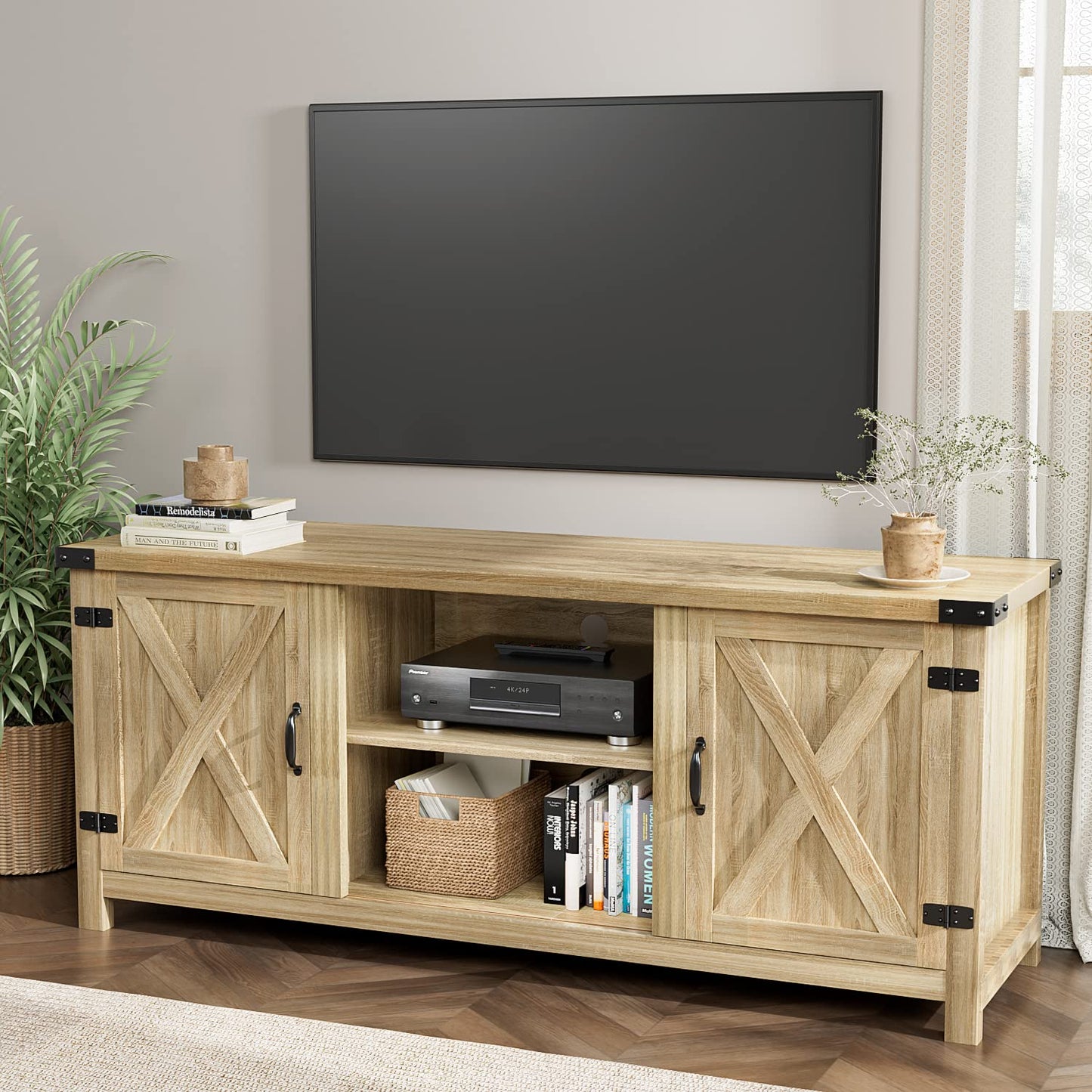 YESHOMY Modern Farmhouse TV Stand with Two Barn Doors and Storage Cabinets for Televisions up to 65+ Inch,Entertainment Center Console Table,Media Furniture for Living Room,58 Inch, Walnut,YH-TS103DWA