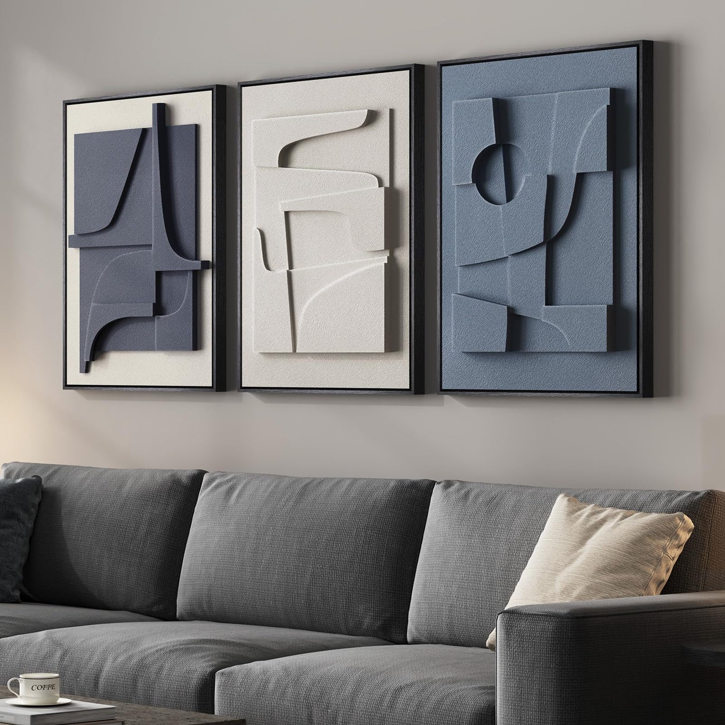 3D Textured Framed Abstract Wall Art, 3 Piece Modern Paintings Artwork for Walls, Black White Brown Geometric Sandstone Texture Pictures for Living Room Dining Room Bedroom Office Wall Decor 16x24 In