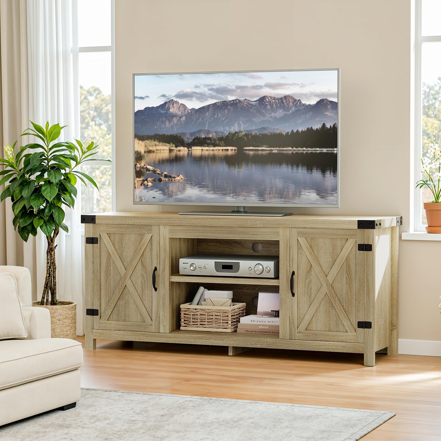 YESHOMY Modern Farmhouse TV Stand with Two Barn Doors and Storage Cabinets for Televisions up to 65+ Inch,Entertainment Center Console Table,Media Furniture for Living Room,58 Inch, Walnut,YH-TS103DWA