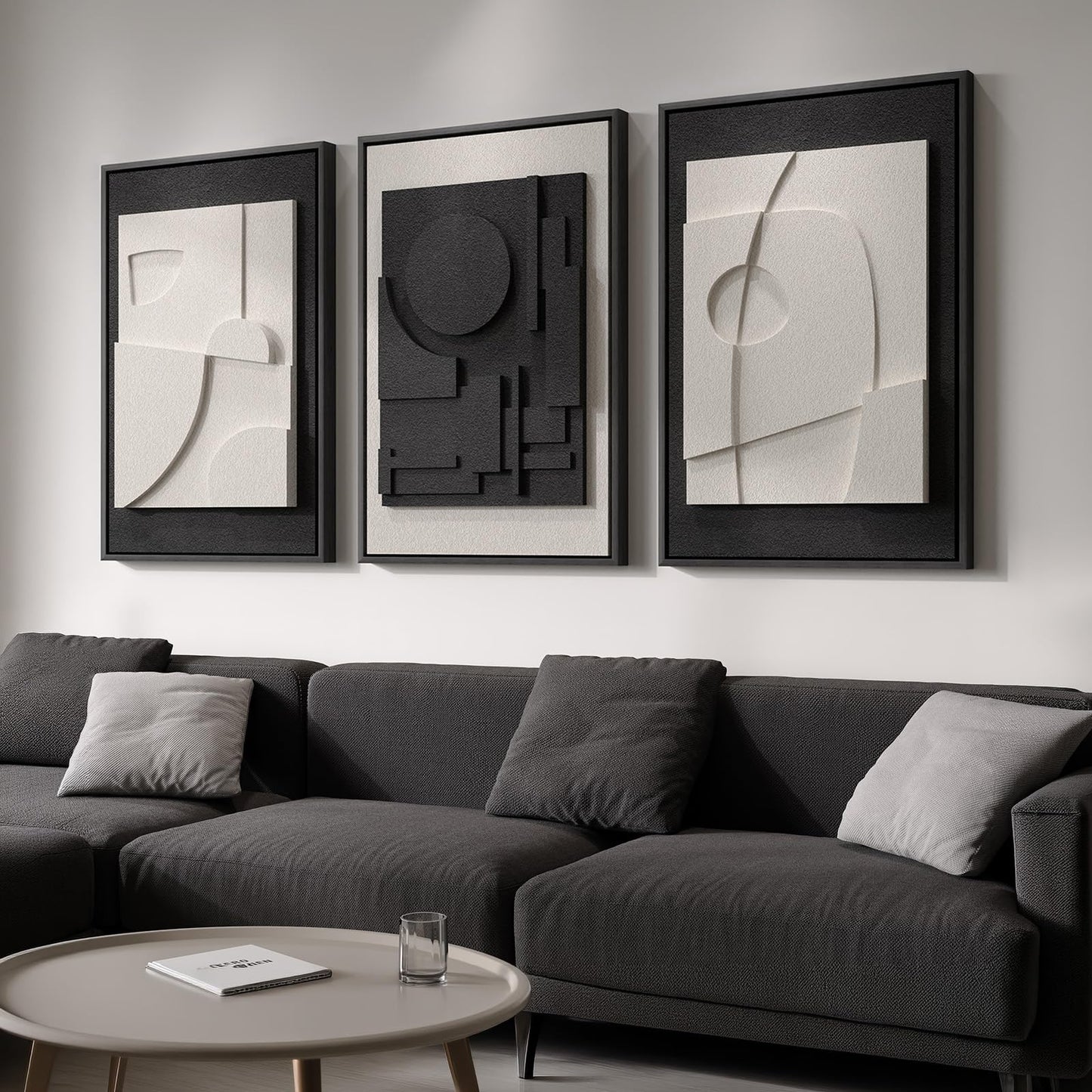 3D Textured Framed Abstract Wall Art, 3 Piece Modern Paintings Artwork for Walls, Black White Brown Geometric Sandstone Texture Pictures for Living Room Dining Room Bedroom Office Wall Decor 16x24 In