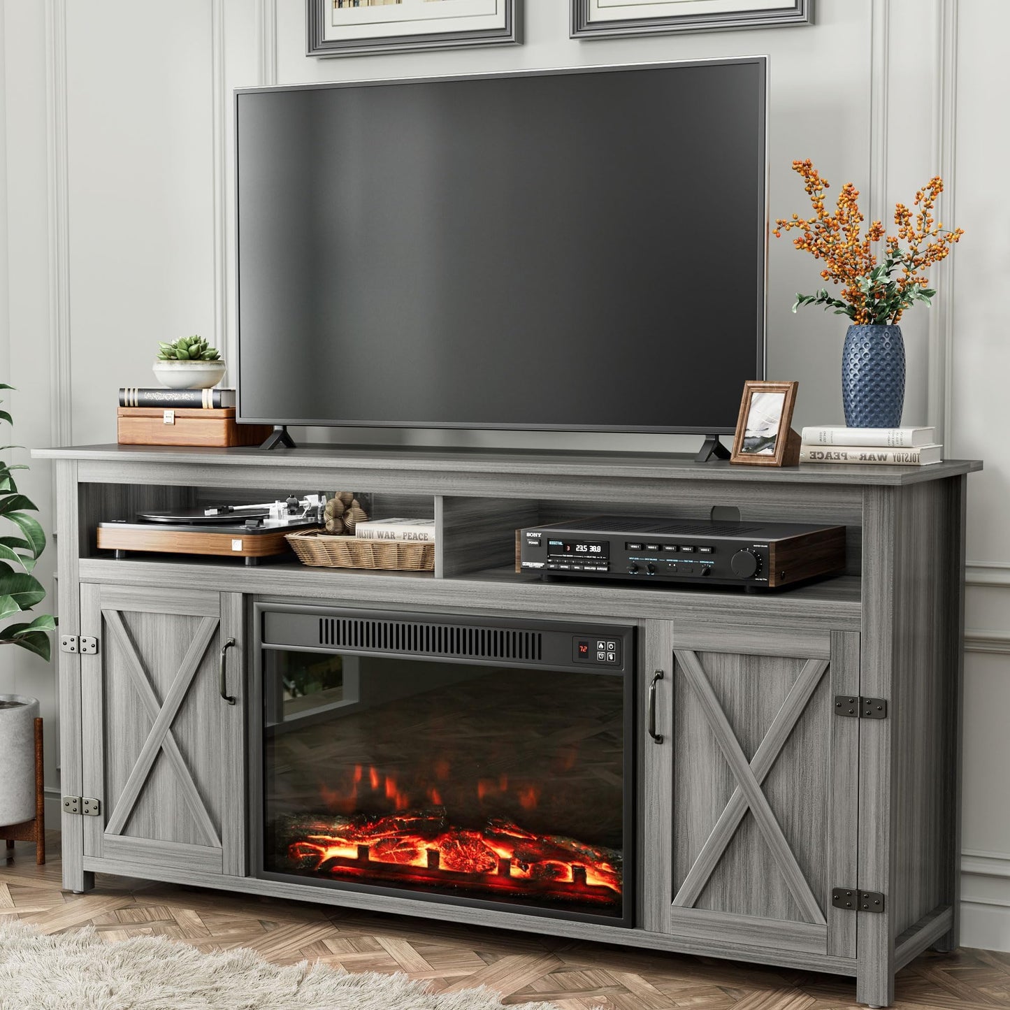 YESHOMY TV Stand for Televisions up to 65 Inches, with Sliding Barn Doors and Storage Cabinets, Console Table and Media Furniture for Living Room, 58 Inch, Barnwood