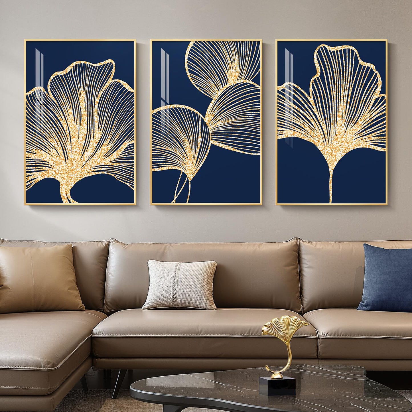 3-Piece 24×36" Gold Geometric Framed Wall Art Luxury Modern Decor for Living Room Office