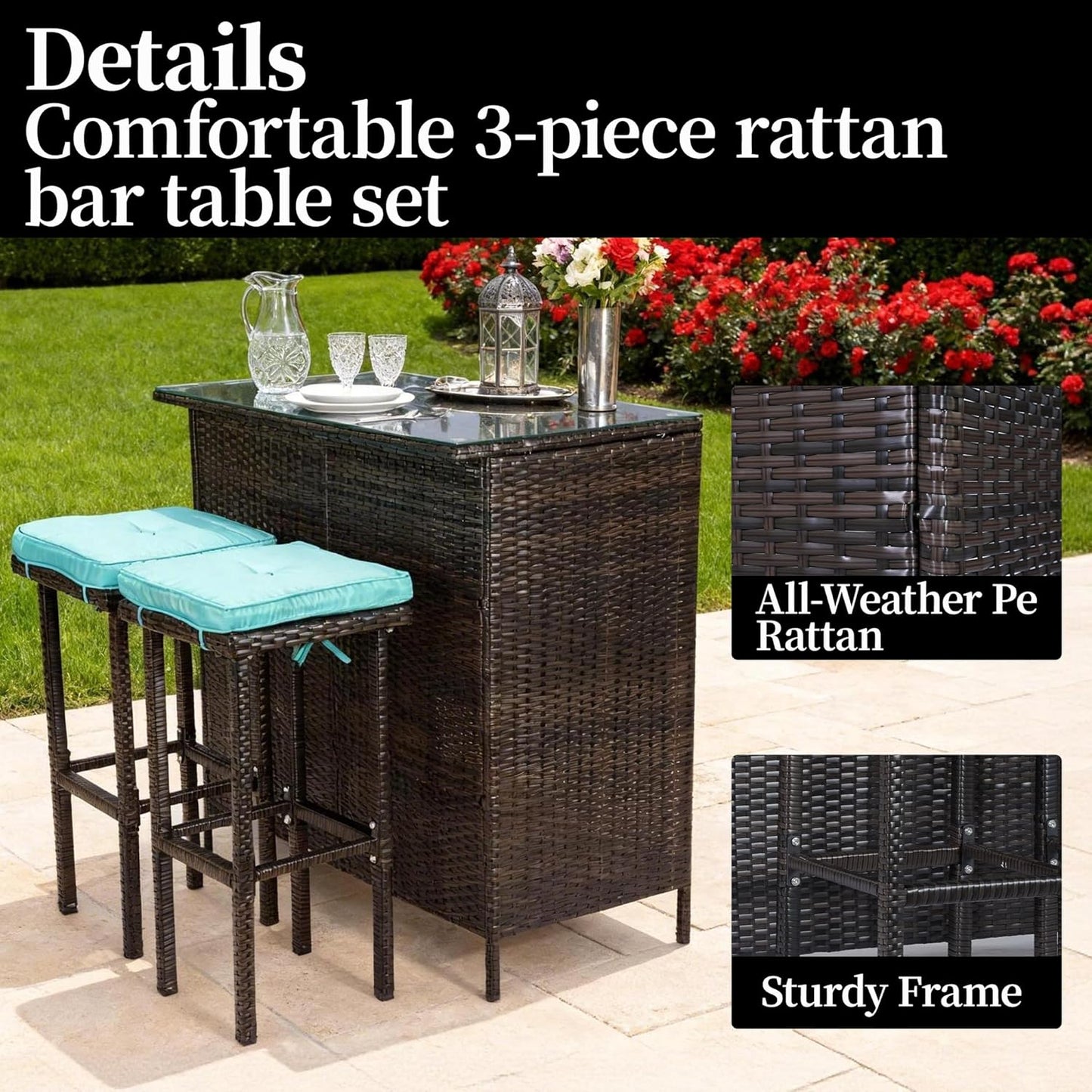 3 Piece Patio Bar Set,Patio Wicker Bar Furniture with 2 Storage Shelves, Glass Top Table, Cushions and Two Stools,Outside Bars for Patio Entertainment, Blue
