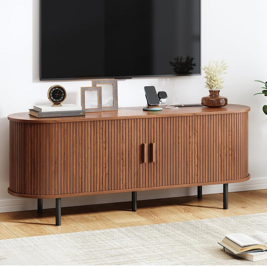 55" TV Stand with Power Outlet, Mid-Century Modern Television Stand, Fluted Media Console with Sliding Doors, Entertainment Center for TVs up to 60 Inch, Adjustable Shelves, Walnut