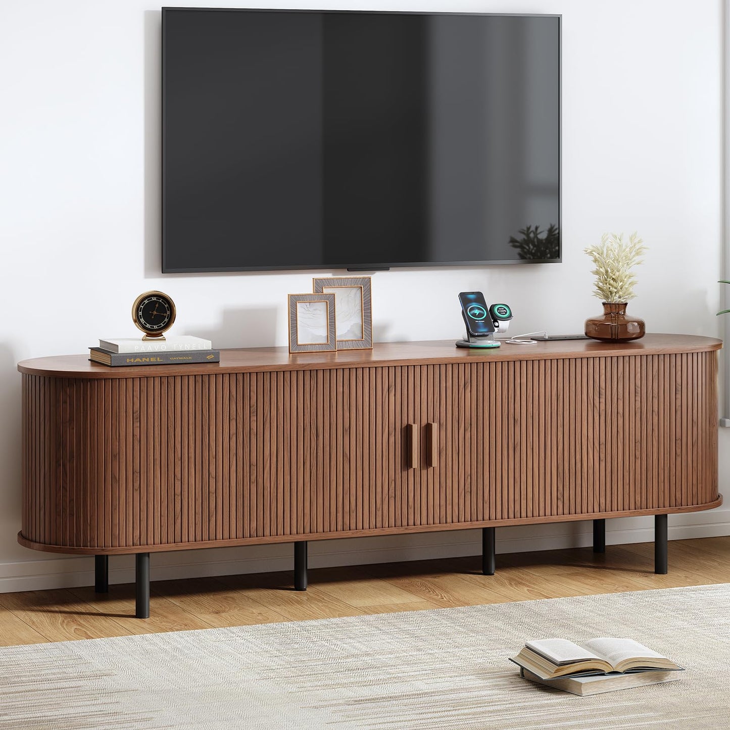 55" TV Stand with Power Outlet, Mid-Century Modern Television Stand, Fluted Media Console with Sliding Doors, Entertainment Center for TVs up to 60 Inch, Adjustable Shelves, Walnut
