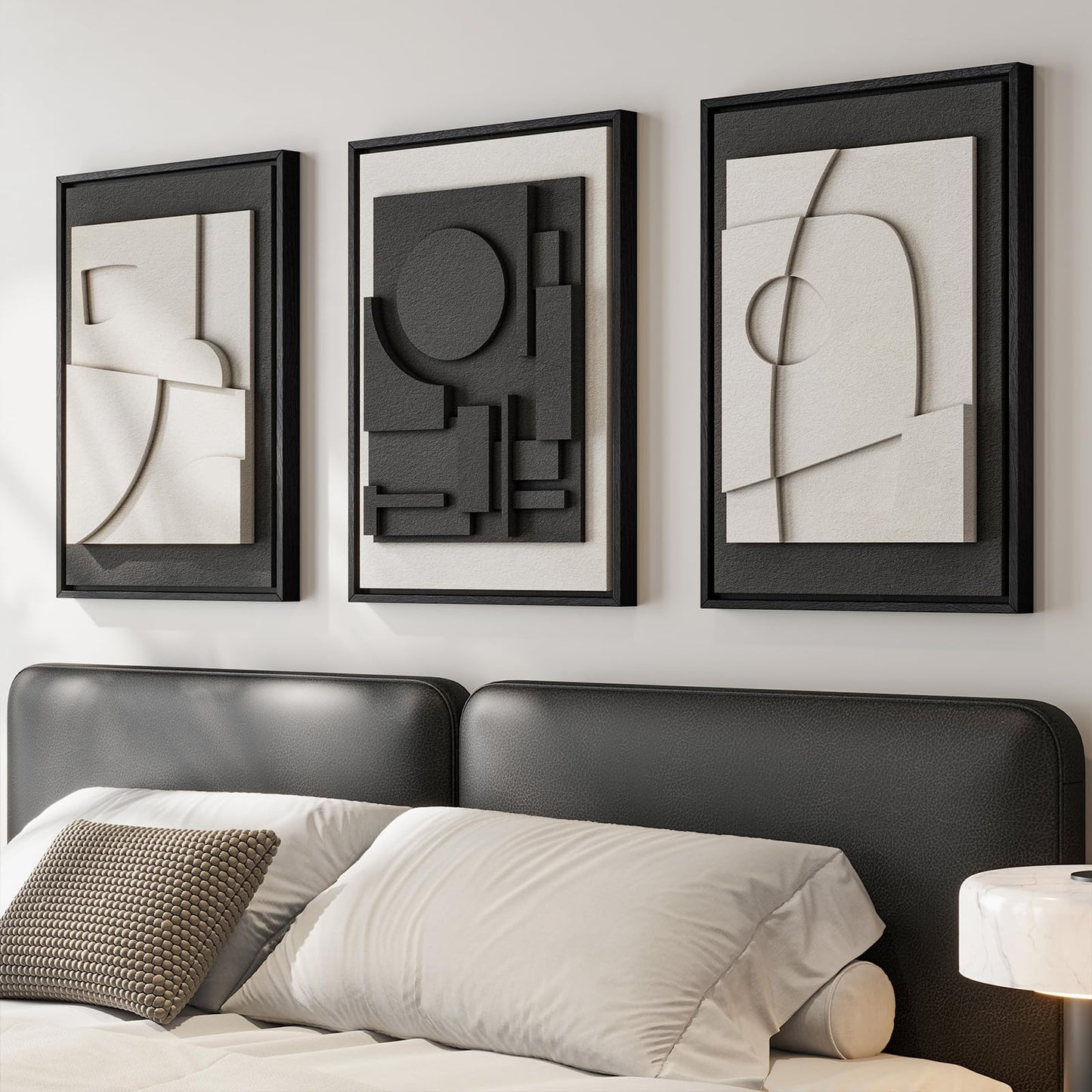 3D Textured Framed Abstract Wall Art, 3 Piece Modern Paintings Artwork for Walls, Black White Brown Geometric Sandstone Texture Pictures for Living Room Dining Room Bedroom Office Wall Decor 16x24 In