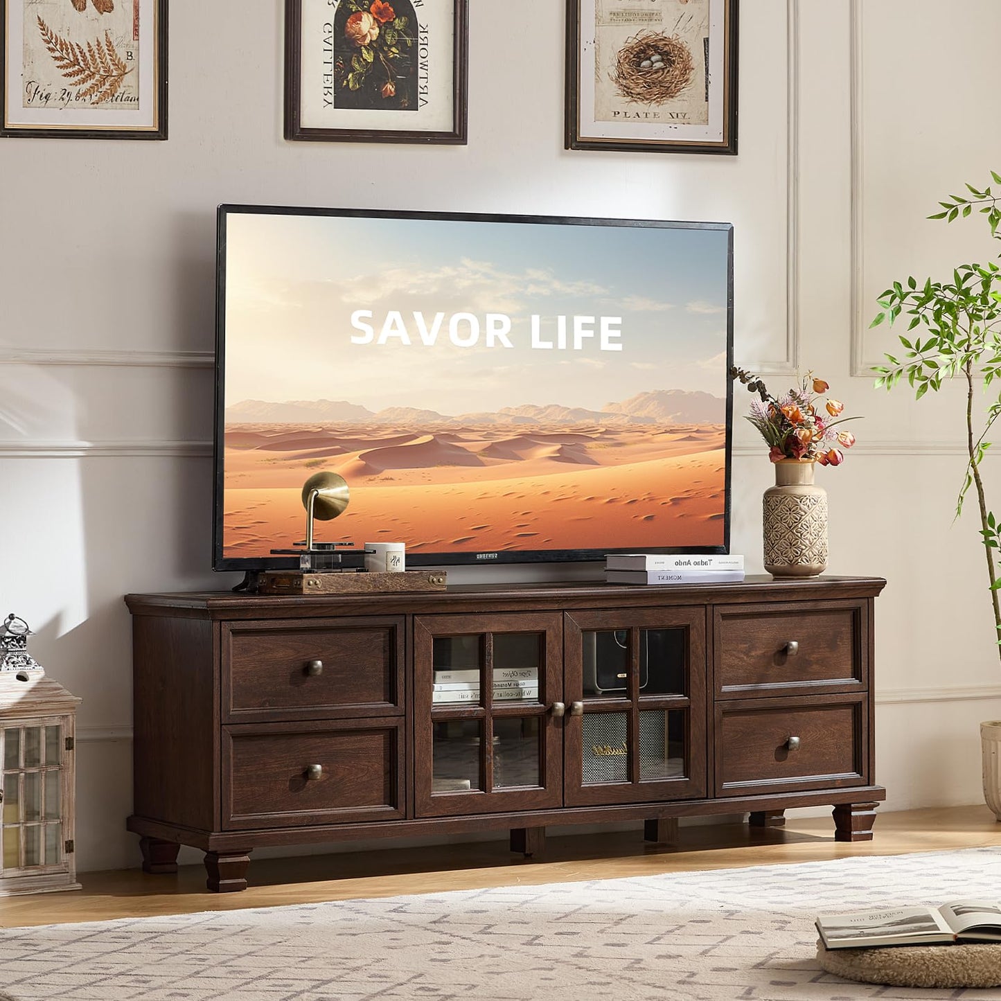 SAVOR LIFE Farmhouse TV Stands for Living Room, Brown Entertainment Center with Storage, Wood TV Console with 4 Drawers, Rustic TV Cabinet for 65 inch TV, Walnut