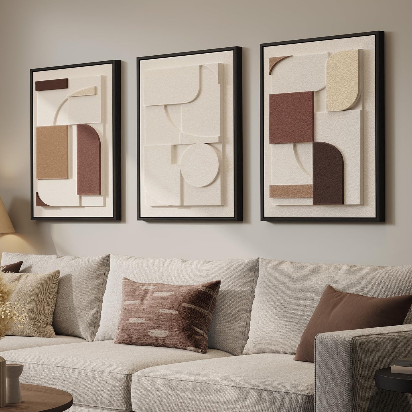3D Textured Framed Abstract Wall Art, 3 Piece Modern Paintings Artwork for Walls, Black White Brown Geometric Sandstone Texture Pictures for Living Room Dining Room Bedroom Office Wall Decor 16x24 In