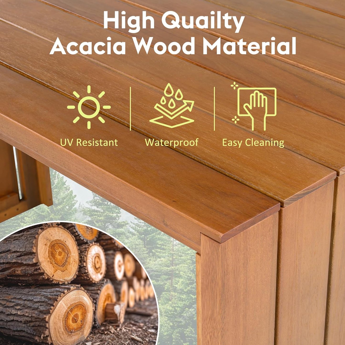 Merax 5 Piece Outdoor Acacia Wood Dining Table Bar Set, Patio Acacia Wood Bar Height Table & 4 Stools with Cushions, Wood Dining Bar Set for Backyard, Poolside, Balcony, Beige Cushion + Natural Wood