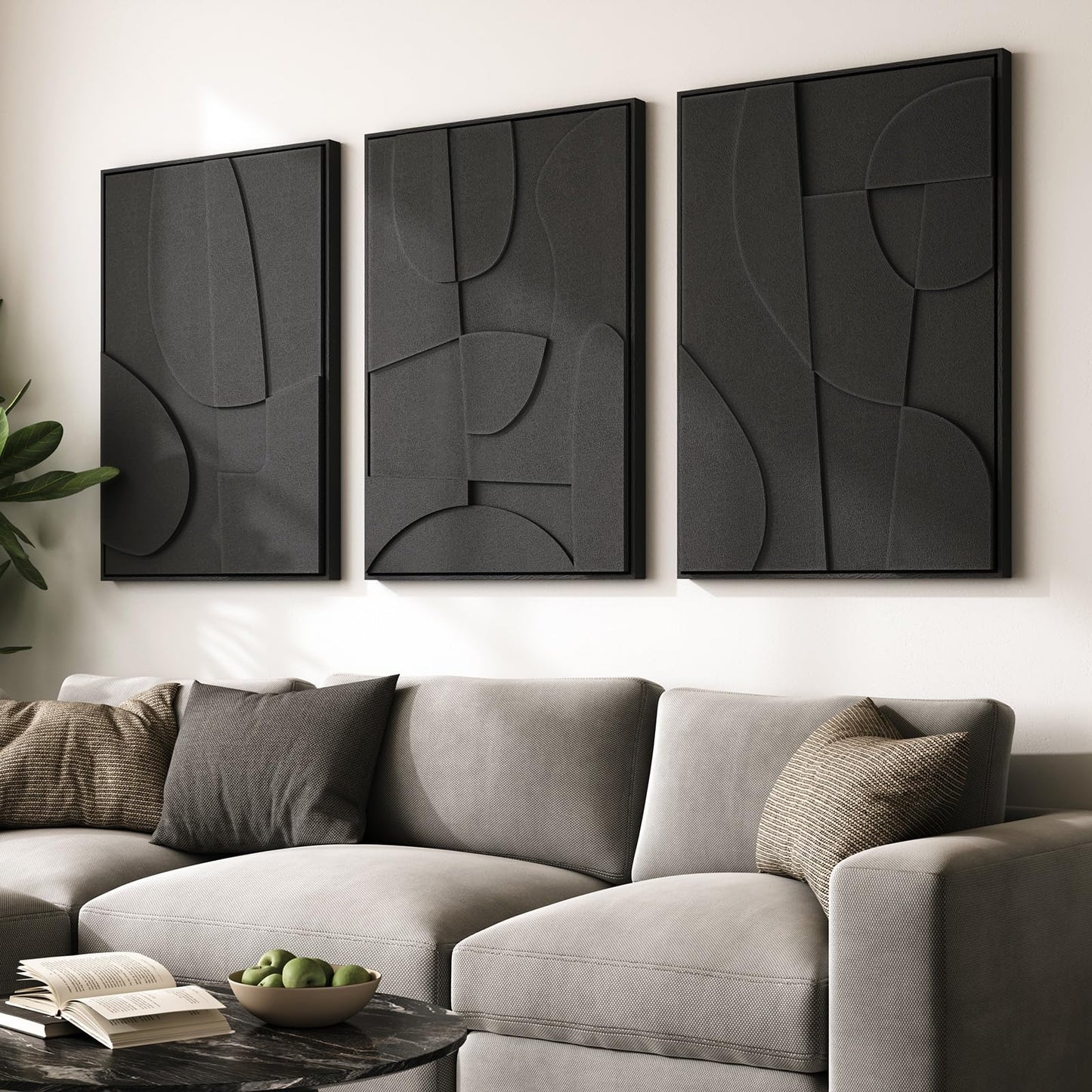 3D Textured Framed Abstract Wall Art, 3 Piece Modern Paintings Artwork for Walls, Black White Brown Geometric Sandstone Texture Pictures for Living Room Dining Room Bedroom Office Wall Decor 16x24 In