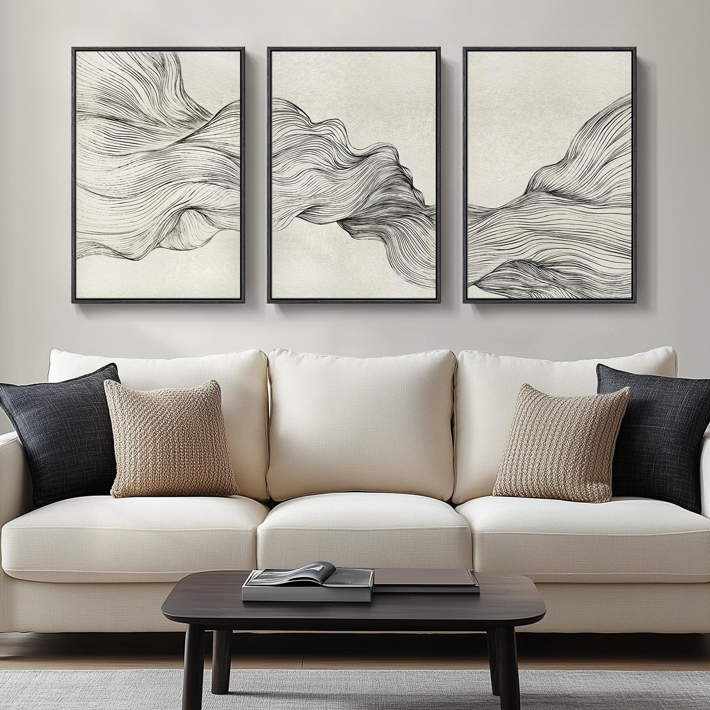 Large Framed Boho Modern Neutral Abstract Wall Art for Living Room, 3 Piece Black and White Canvas Prints Paintings Artwork for Walls, Geometric Pictures for Office Bedroom Dining Room Decor, 24x36 In