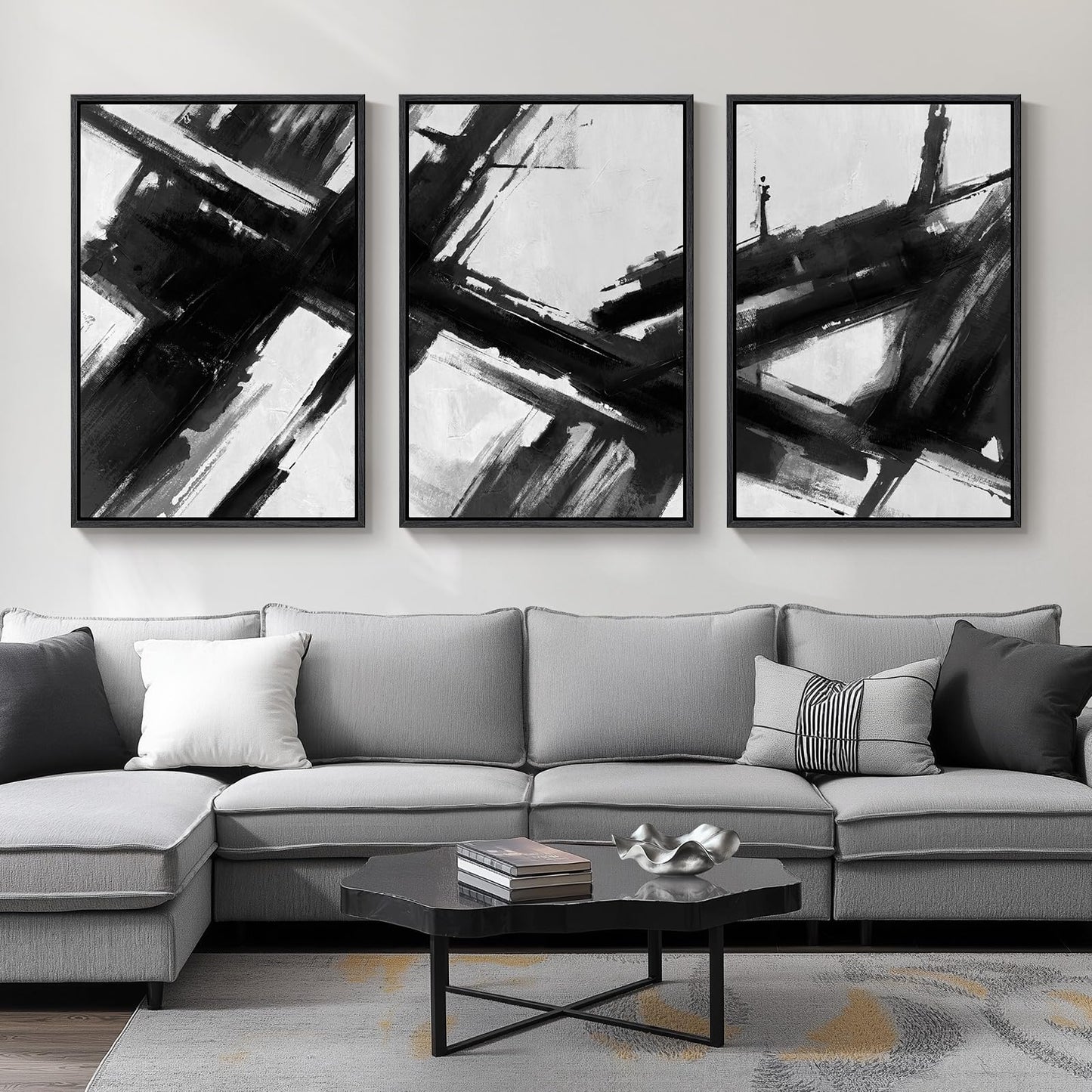 Large Framed Boho Modern Neutral Abstract Wall Art for Living Room, 3 Piece Black and White Canvas Prints Paintings Artwork for Walls, Geometric Pictures for Office Bedroom Dining Room Decor, 24x36 In