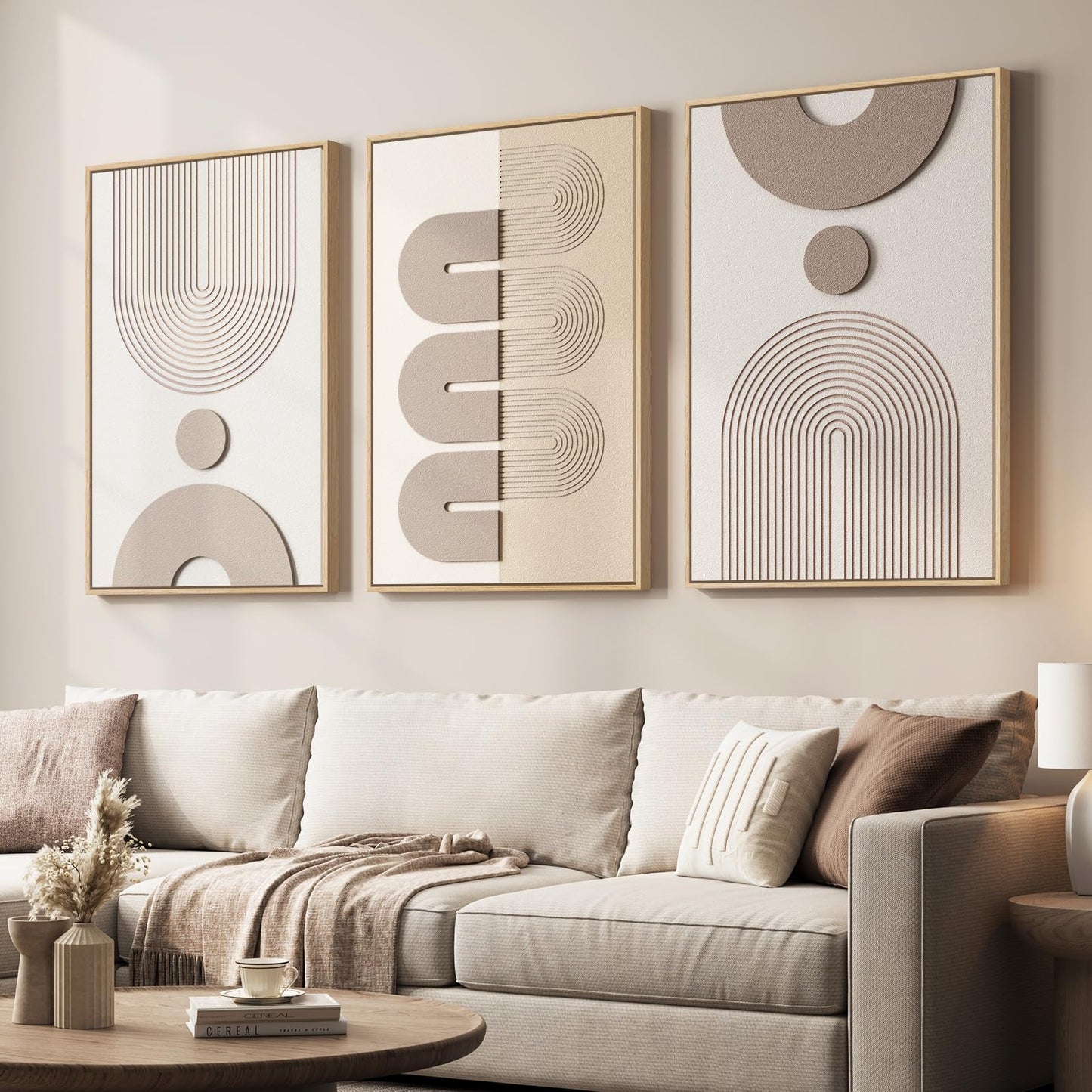 3D Textured Framed Abstract Wall Art, 3 Piece Modern Paintings Artwork for Walls, Black White Brown Geometric Sandstone Texture Pictures for Living Room Dining Room Bedroom Office Wall Decor 16x24 In