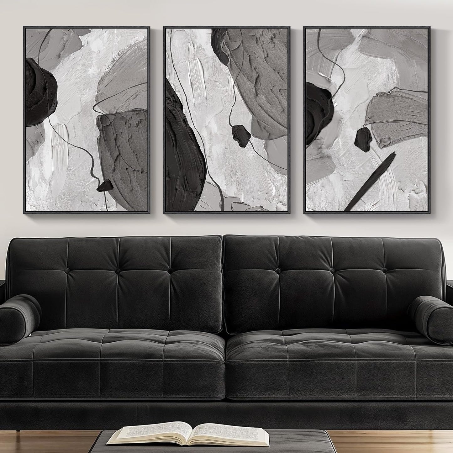 Large Framed Boho Modern Neutral Abstract Wall Art for Living Room, 3 Piece Black and White Canvas Prints Paintings Artwork for Walls, Geometric Pictures for Office Bedroom Dining Room Decor, 24x36 In