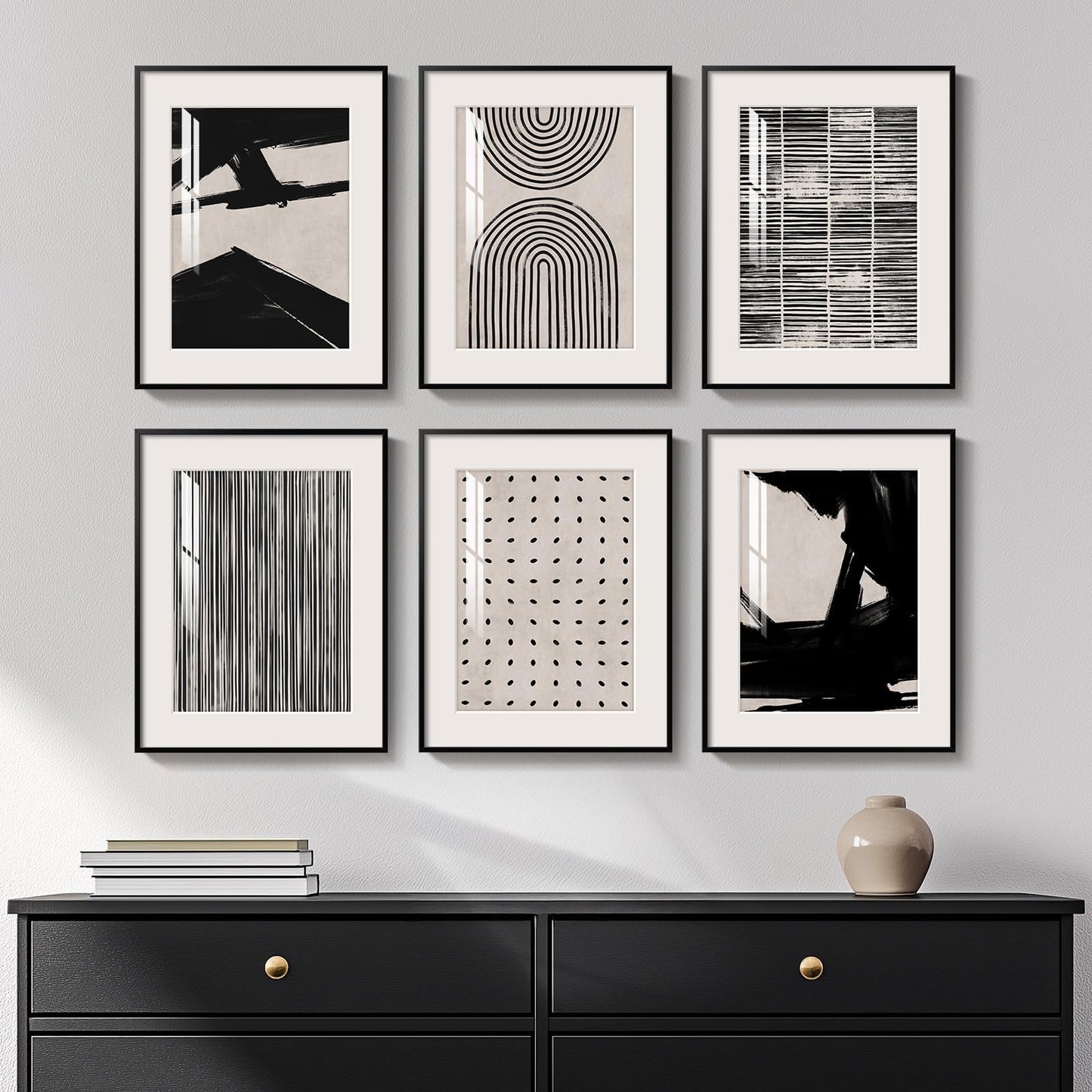 Framed Boho Black and White Abstract Wall Art, Set of 6 Modern Canvas Prints Paintings Artwork for Walls, Minimalist Geometric Pictures for Living Room Bedroom Office Bathroom Wall Decor 11x14 Inch