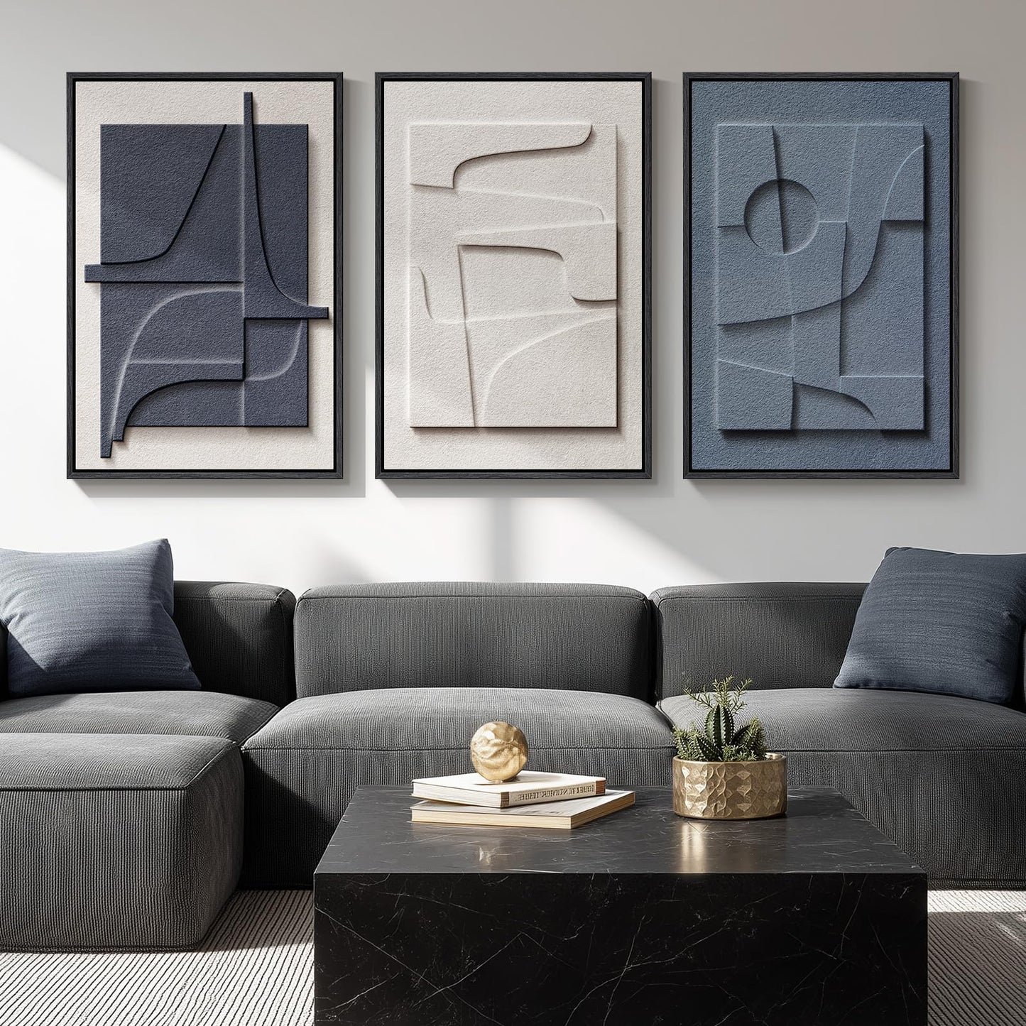 3D Textured Framed Abstract Wall Art, 3 Piece Modern Paintings Artwork for Walls, Black White Brown Geometric Sandstone Texture Pictures for Living Room Dining Room Bedroom Office Wall Decor 16x24 In