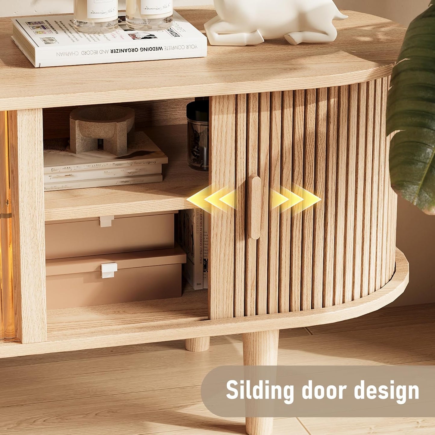 70" Natural Oak Fluted LED TV Stand Fits up to 75" TV with Sliding Doors & Glass Shelf