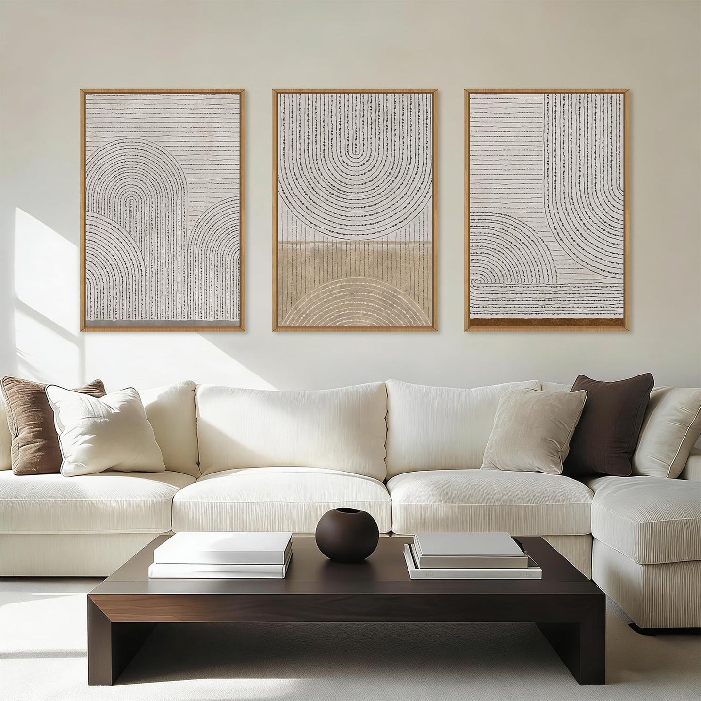 Large Abstract Black and Beige Framed Canvas Wall Art,Minimalist Geometric Lines Wall Decor,Cozy Neutral Shapes Artwork,Modern Lines Dots Art Print for Living Room,Bedroom,Office- 16"x24"x3