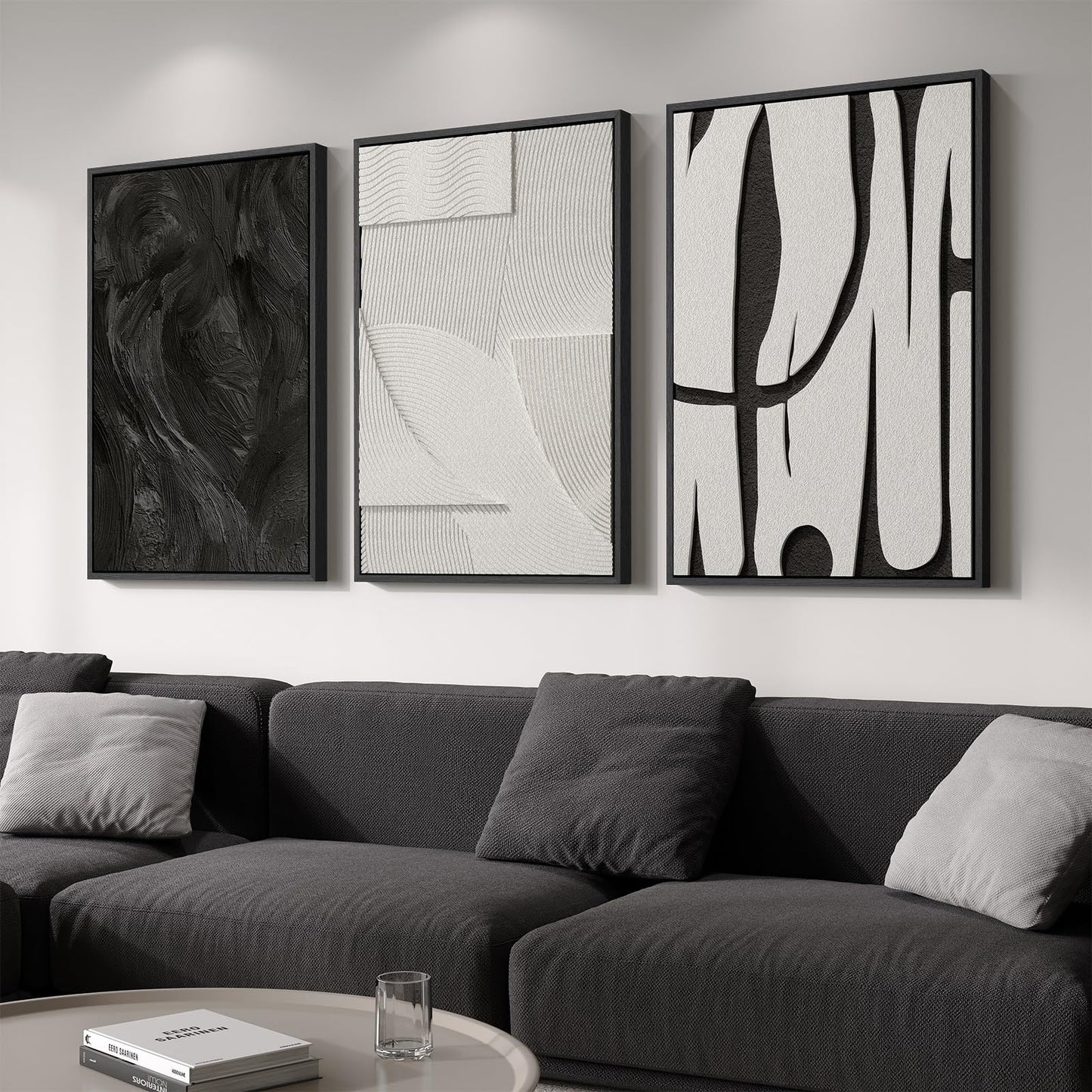 3D Textured Framed Abstract Wall Art, 3 Piece Modern Paintings Artwork for Walls, Black White Brown Geometric Sandstone Texture Pictures for Living Room Dining Room Bedroom Office Wall Decor 16x24 In
