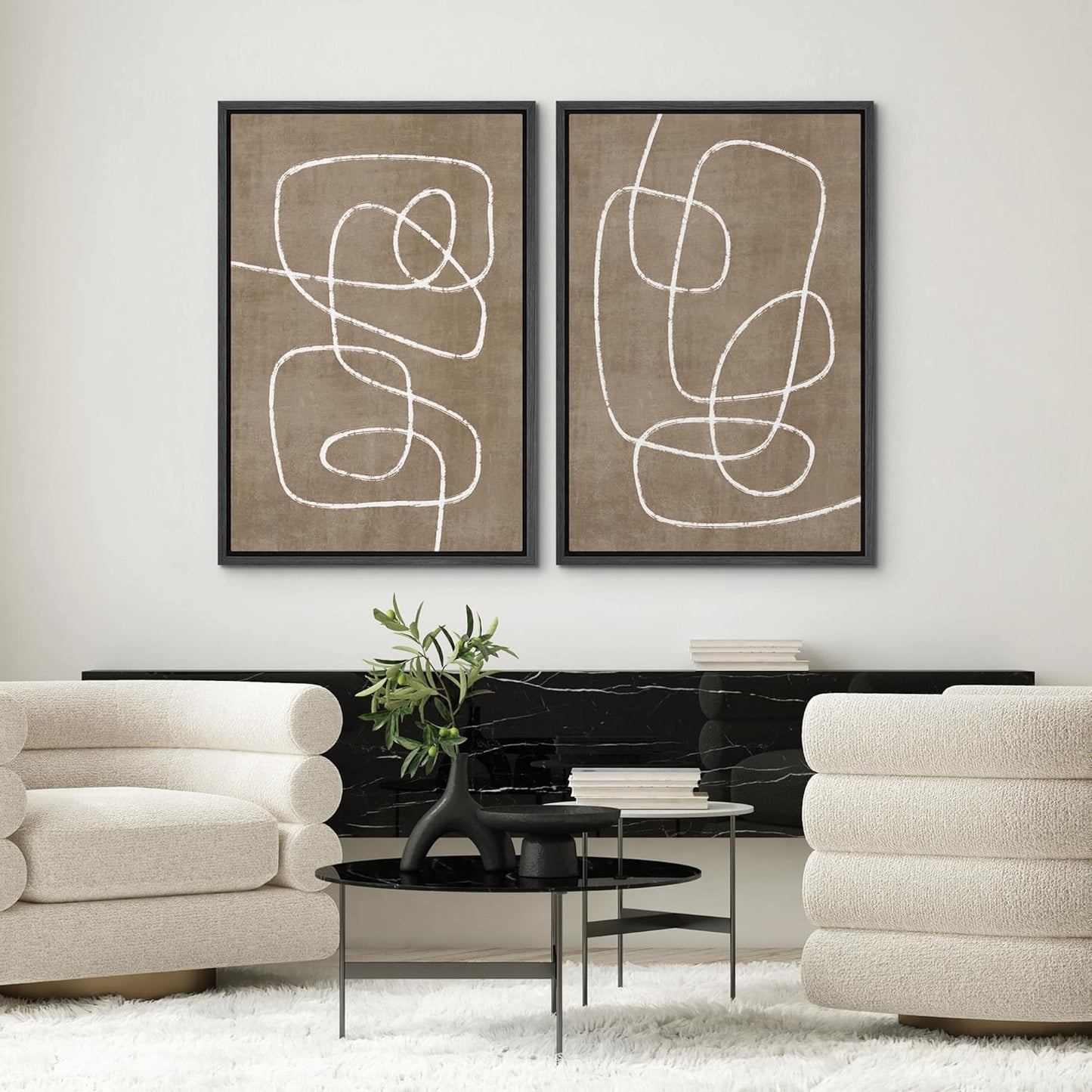 SIGNWIN Framed Canvas Print Wall Art Set Geometric Mid-Century Spiral Collage Abstract Shapes Cozy Neutral Minimal Decorative Nordic Zen Bohemian for Living Room, Bedroom, Office - 16"x24"x2 Black