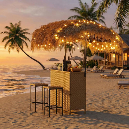 Outdoor Tiki Bar Set with Widen Hula Thatched Shade(48" L), 3-Piece Wicker Outside Tiki Bars with 2 Stools, Hawaiian Style Beach Outside Bars for Patio, Garden, Poolside, Backyard