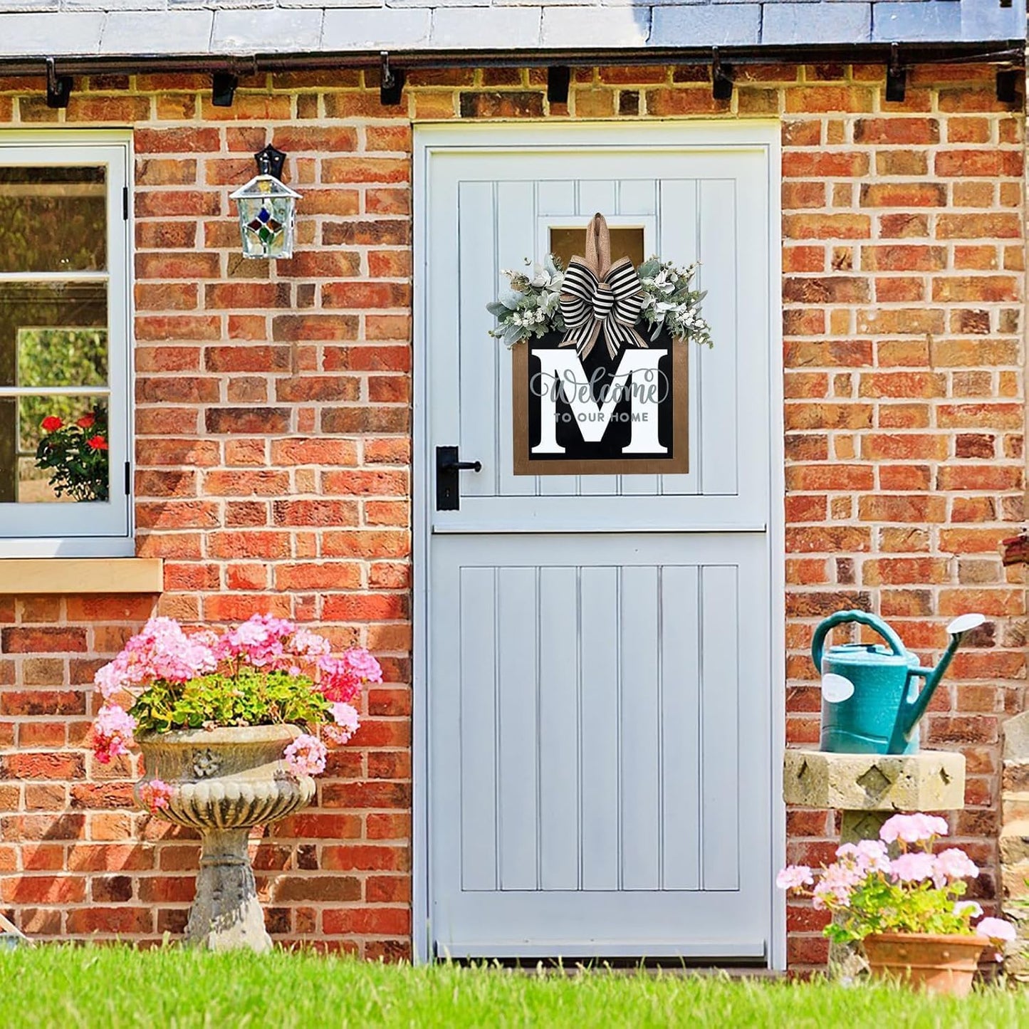 Last Name All Year Round Front Door Wreath with 26 Initial Letter Welcome Sign All Seasons Eucalyptus Garland and Bow ，Farmhouse, Porch, for Spring Summer Fall All Seasons Holiday Halloween Christmas. (M)