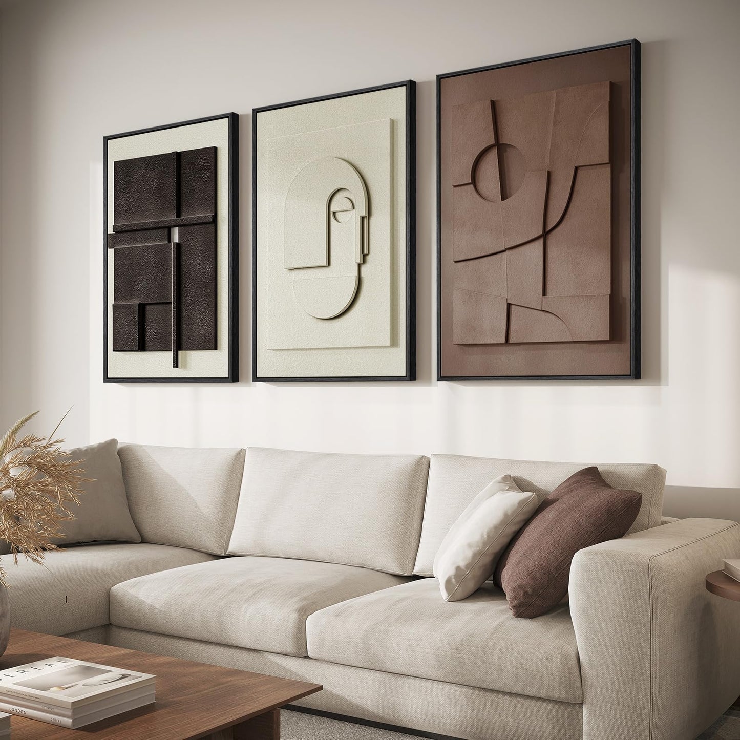 3D Textured Framed Abstract Wall Art, 3 Piece Modern Paintings Artwork for Walls, Black White Brown Geometric Sandstone Texture Pictures for Living Room Dining Room Bedroom Office Wall Decor 16x24 In