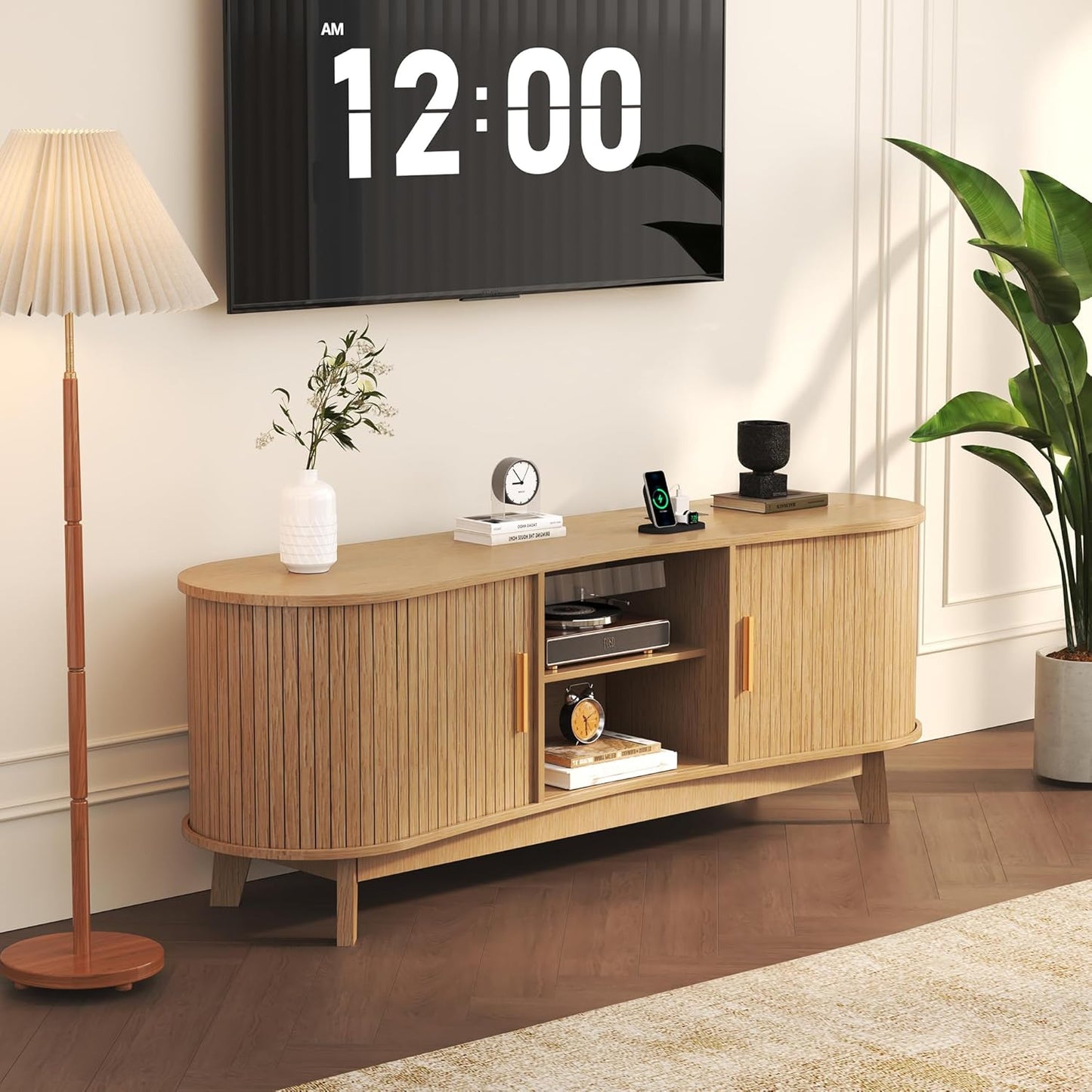 Mid Century Natural Fluted TV Stand with Power Outlet Fits up to 65" TV