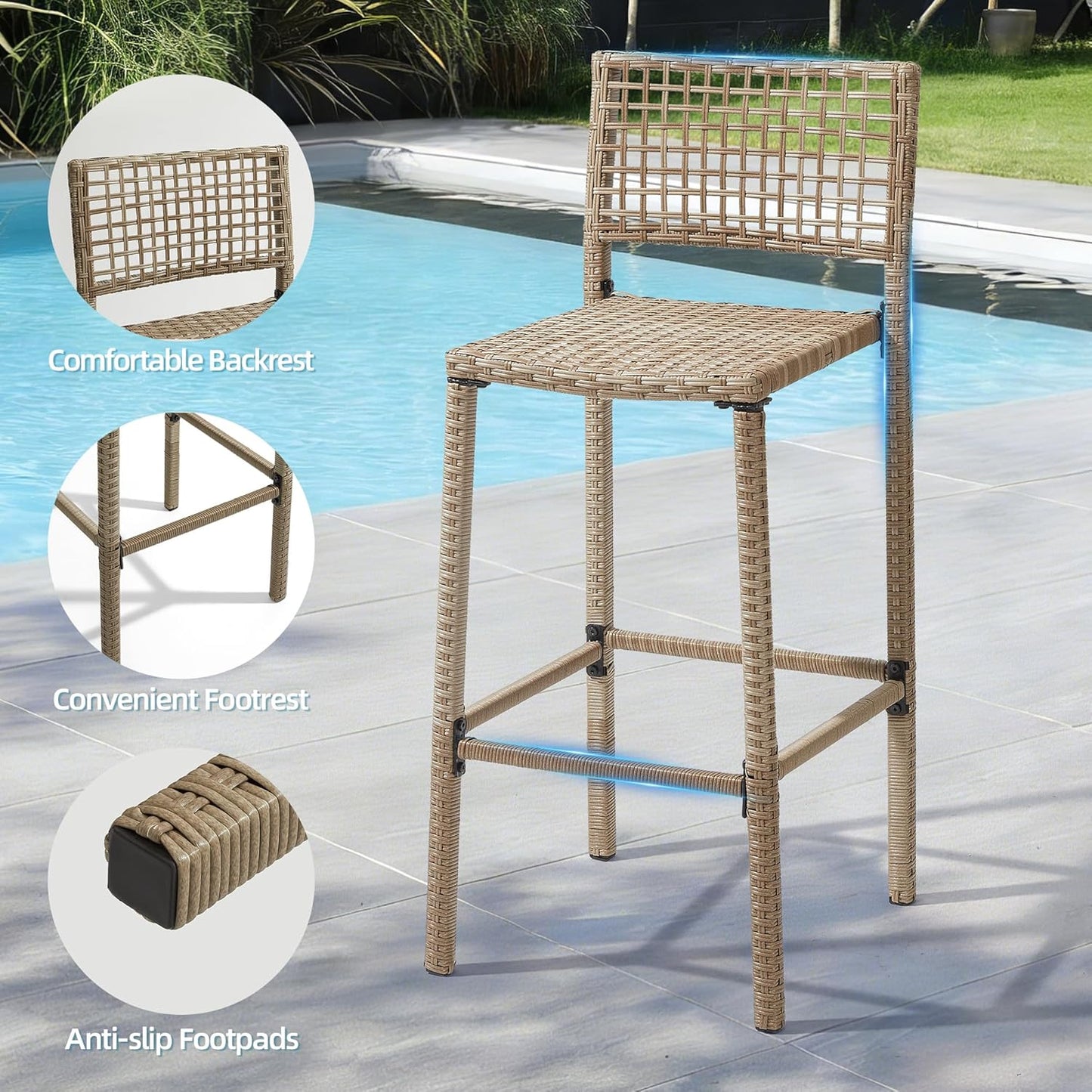 Outdoor Tiki Bar Set, 3 Pieces All-Weather Wicker Patio Bar Set with 2 Height Stools and Storage, Outdoor Bar Set for Outside Patio, Garden, Backyard,Yellow