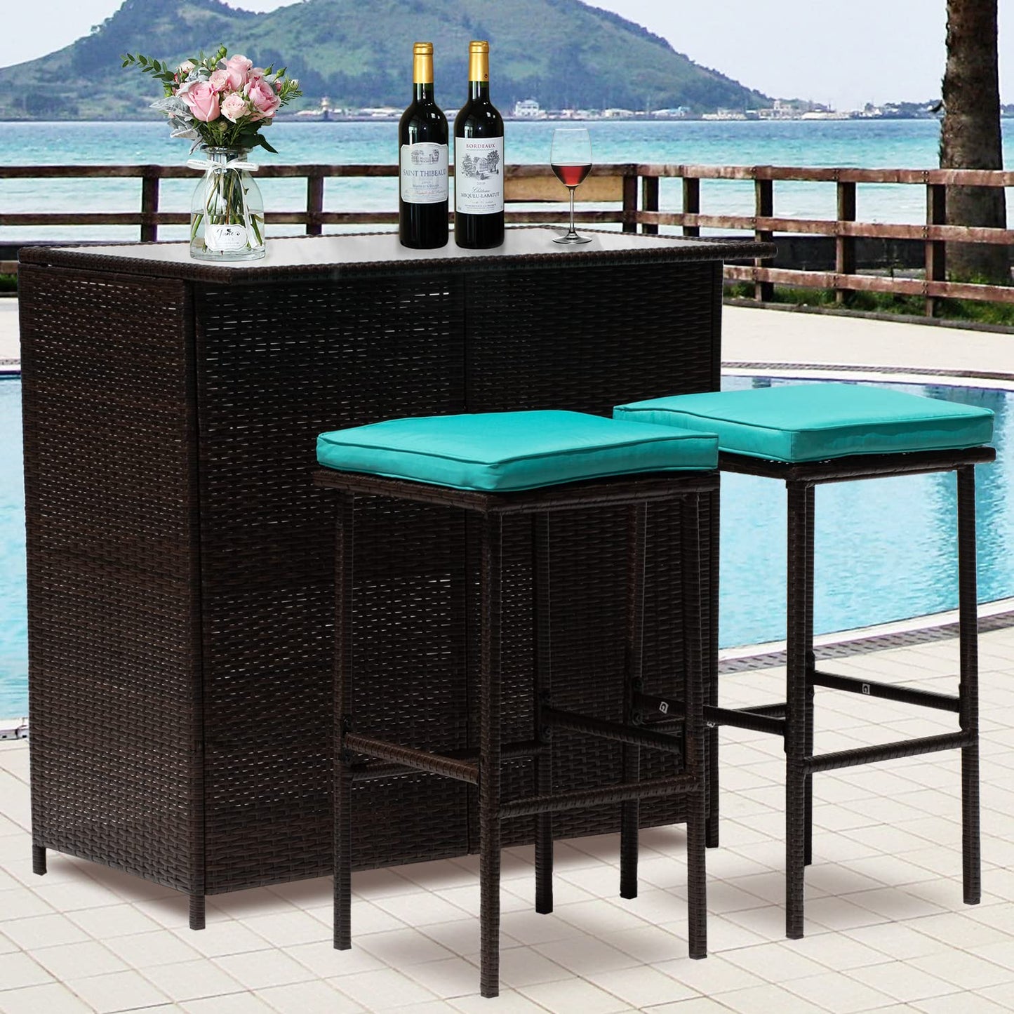 3-Piece Patio Bar Set Outdoor Wicker Bar Set All-Weather Rattan Bar Table Set Outdoor Furniture Set w/2 Stools, Glass Top Table and 2 Thick Cushion for Patios Backyards Porches Gardens Poolside, Khaki