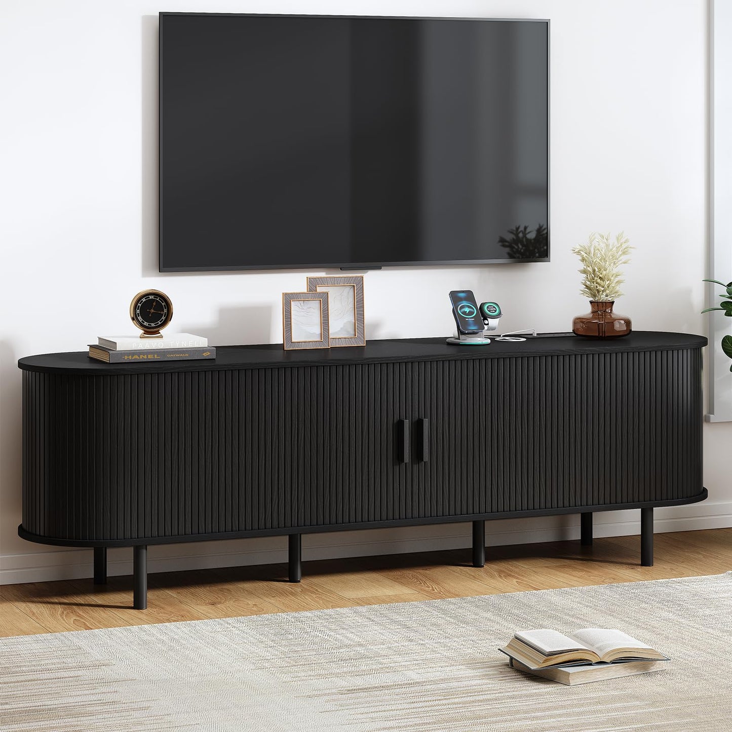55" TV Stand with Power Outlet, Mid-Century Modern Television Stand, Fluted Media Console with Sliding Doors, Entertainment Center for TVs up to 60 Inch, Adjustable Shelves, Walnut