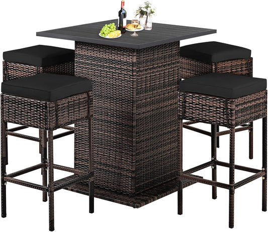 HAPPYGRILL 5 Pieces Rattan Bar Set, Outdoor Wicker Bar Table and 4 Bar Stools, Heavy-Duty Steel Frame, Patio Bar Furniture Set with Cushions, Black