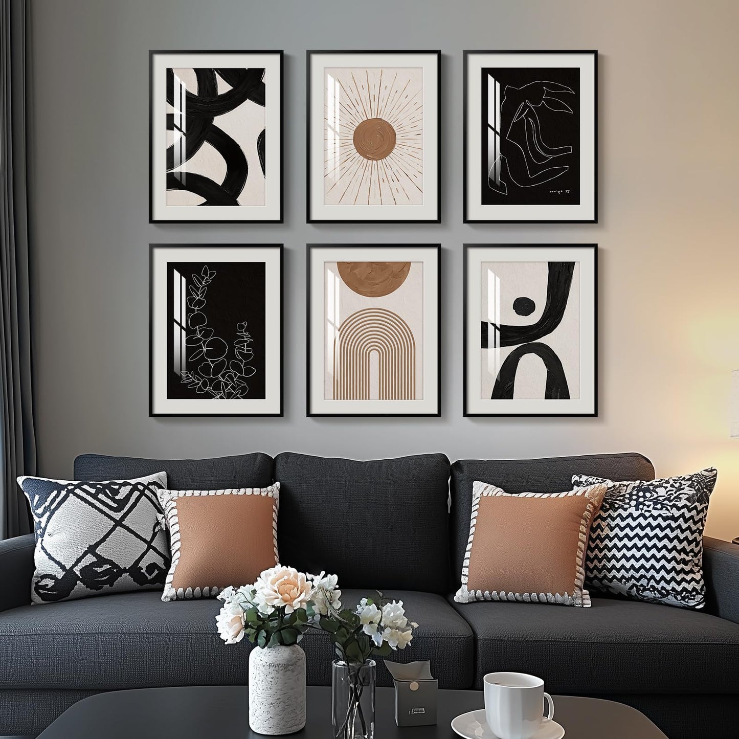 Framed Boho Black and White Abstract Wall Art, Set of 6 Modern Canvas Prints Paintings Artwork for Walls, Minimalist Geometric Pictures for Living Room Bedroom Office Bathroom Wall Decor 11x14 Inch