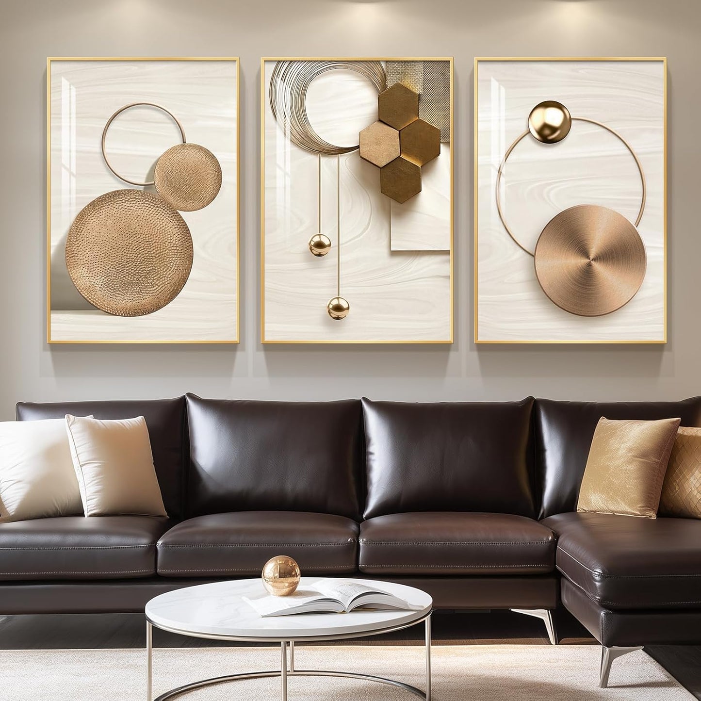 3-Piece 24×36" Gold Geometric Framed Wall Art Luxury Modern Decor for Living Room Office