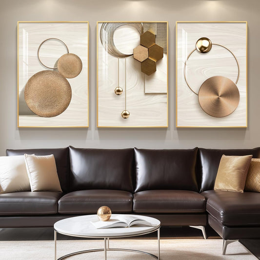 3-Piece 24×36" Gold Geometric Framed Wall Art Luxury Modern Decor for Living Room Office